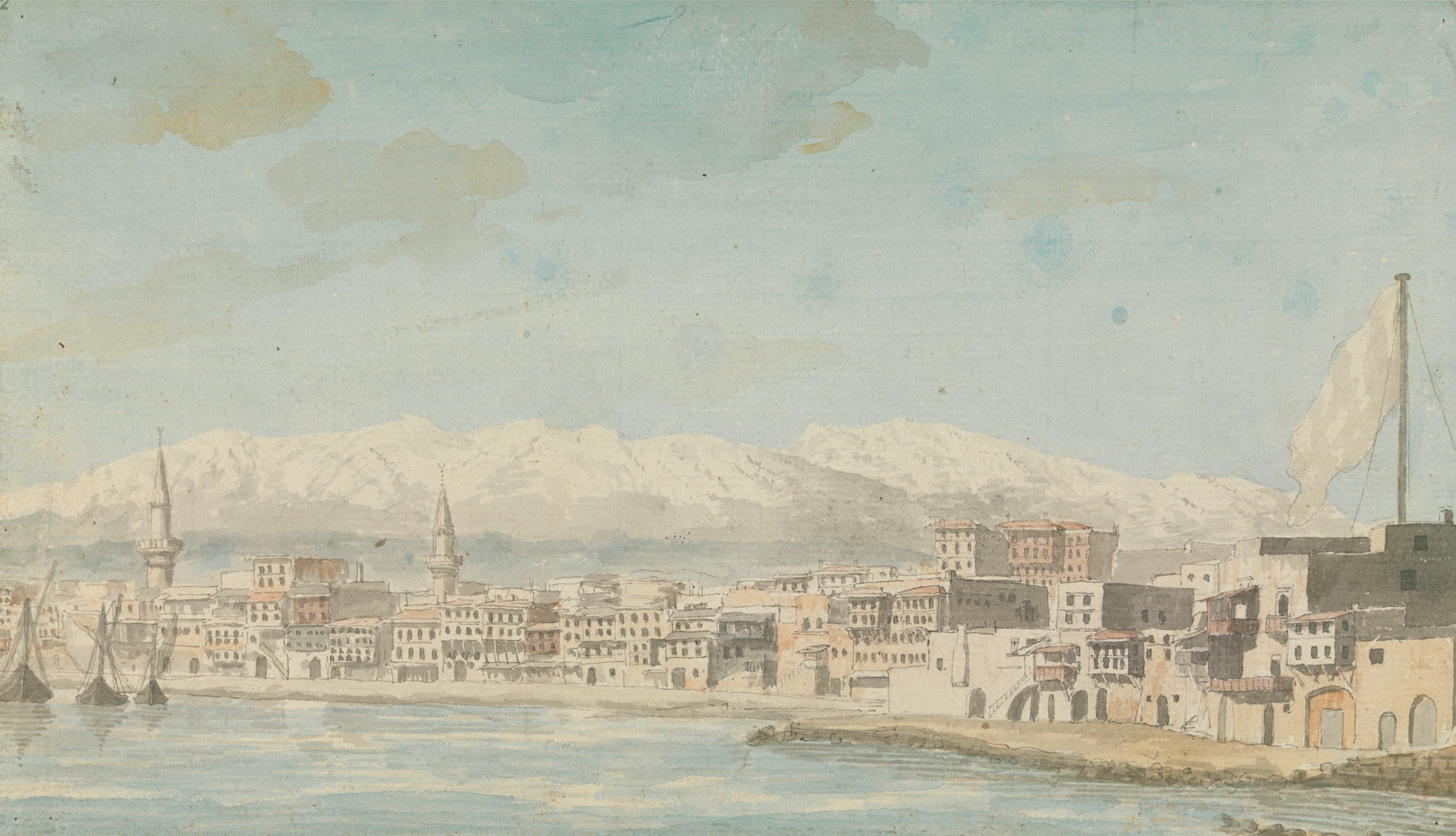 View of Harbor Town With Flagpole at Right, Seen From Sea, oil on canvas by Willey Reveley
