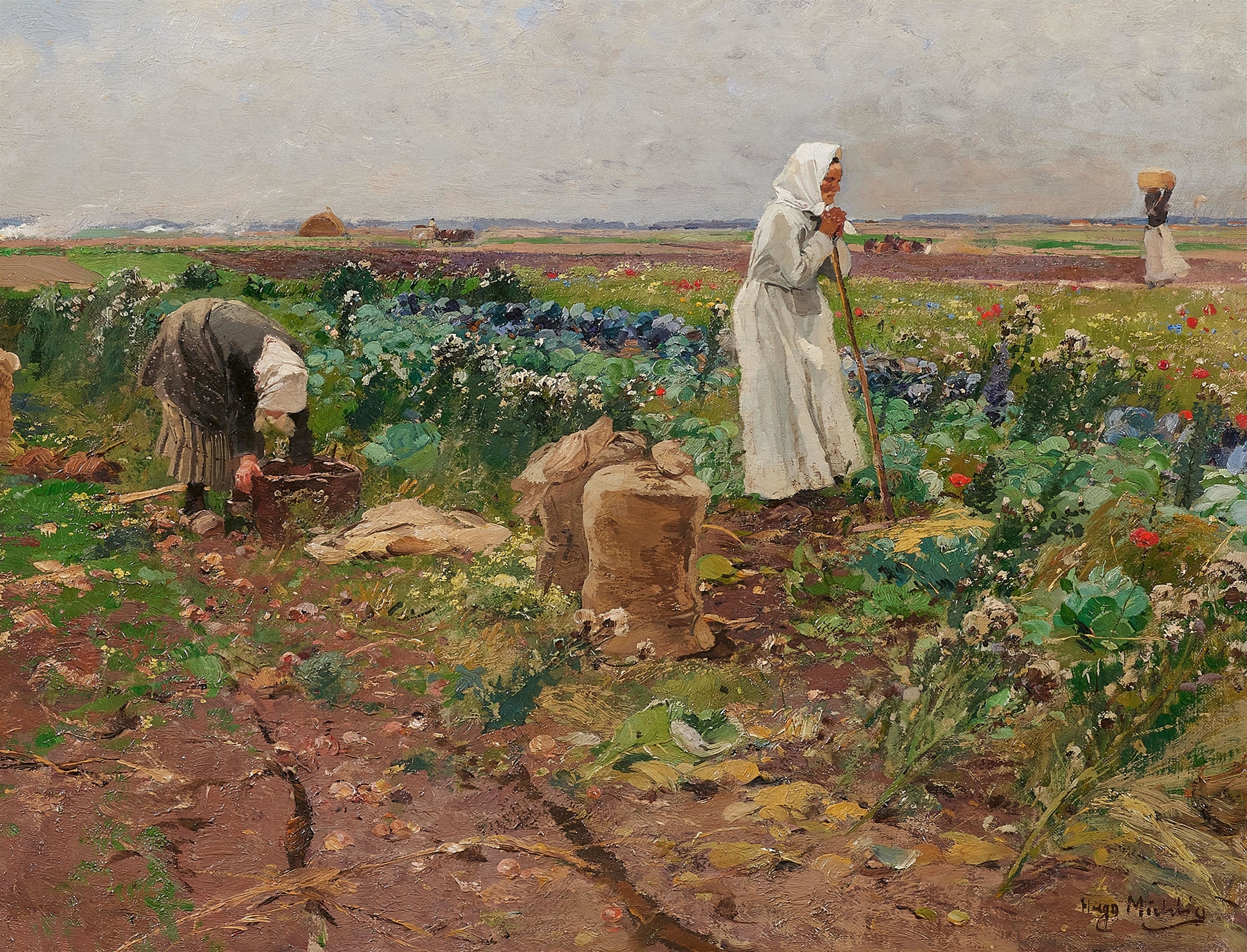 Oil painting by Hugo Mühlig showing workers harvesting potatoes in a rural setting.