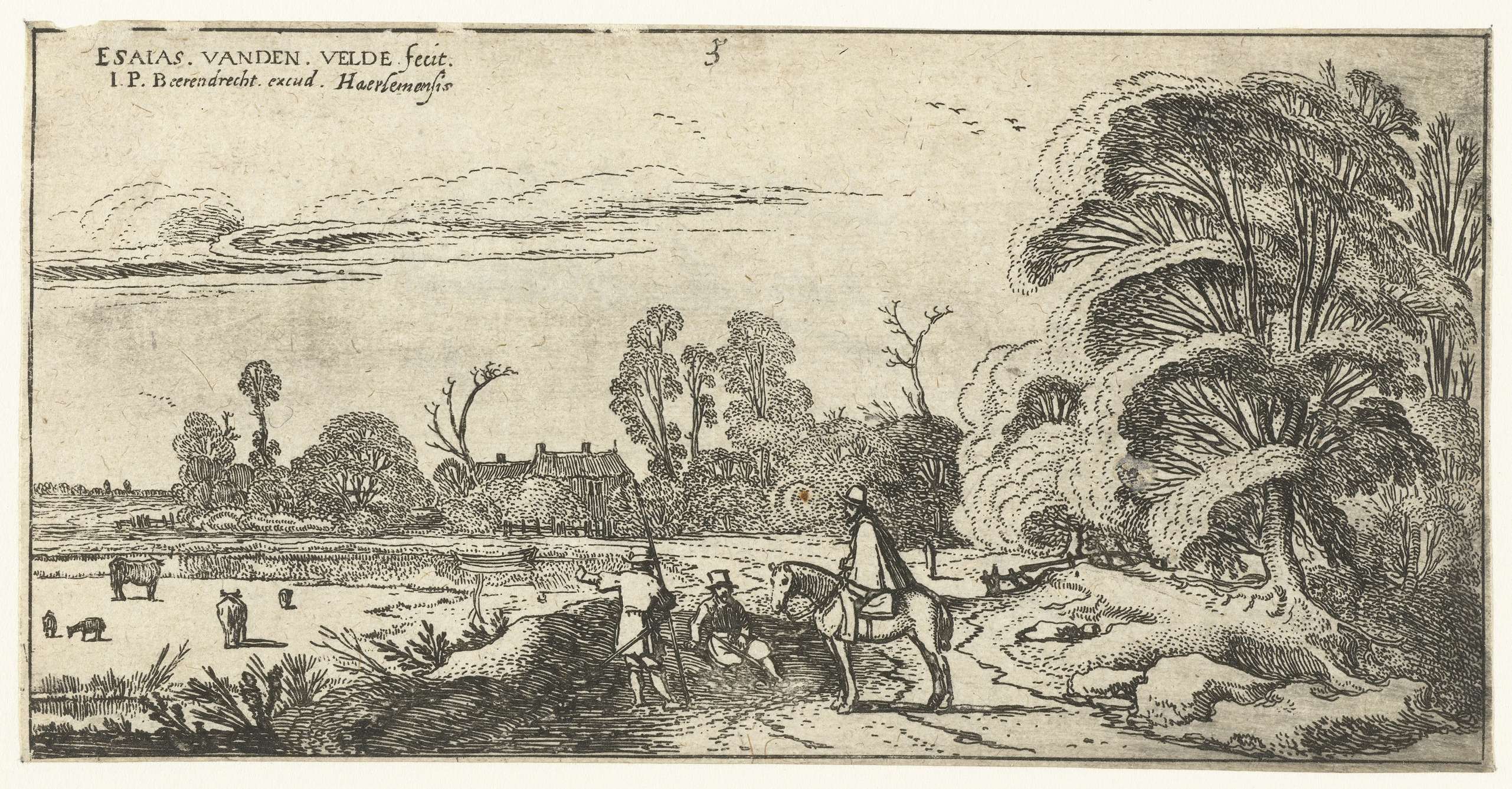 Etching by Esaias van de Velde showing figures on a winding path