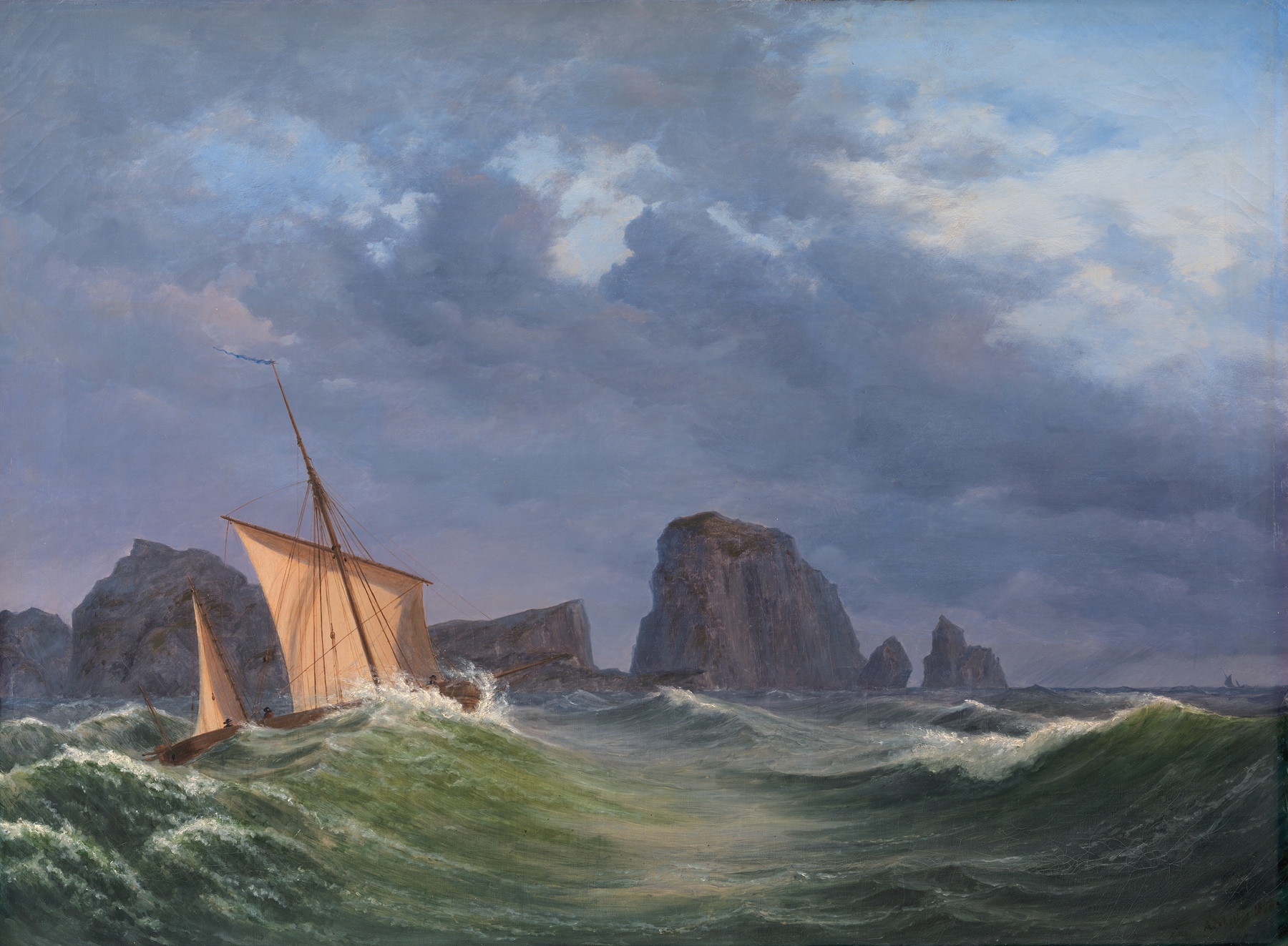 En shetlandsk fiskerbåd i stormfuldt vejr nord for Orkneyøerne, by Anton Melbye, public domain