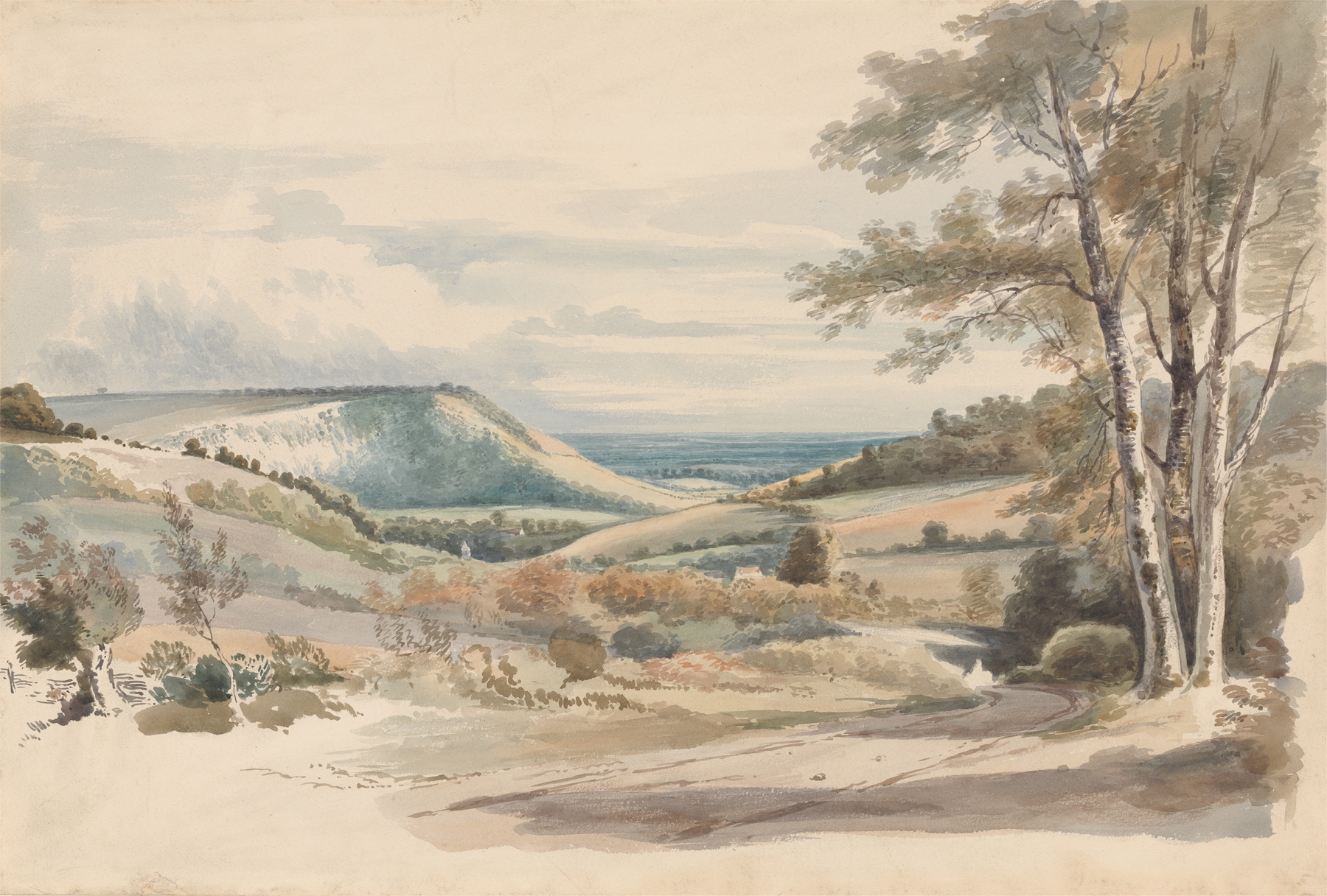 Landscape oil painting by Alexander Monro featuring hills and golden light