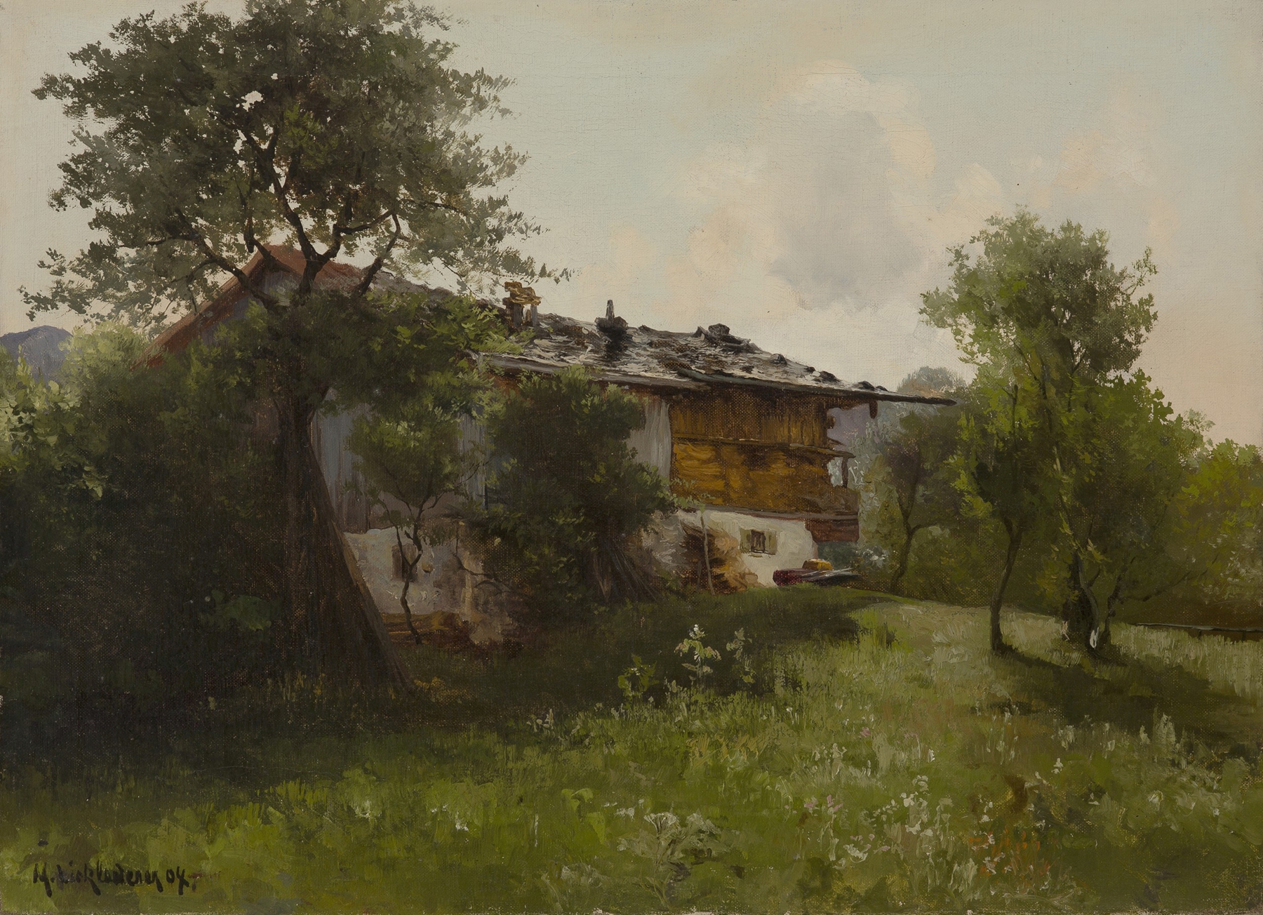 Altes Bauernhaus by Michael Licklederer, oil on canvas, depicting a tranquil farmhouse with natural light.