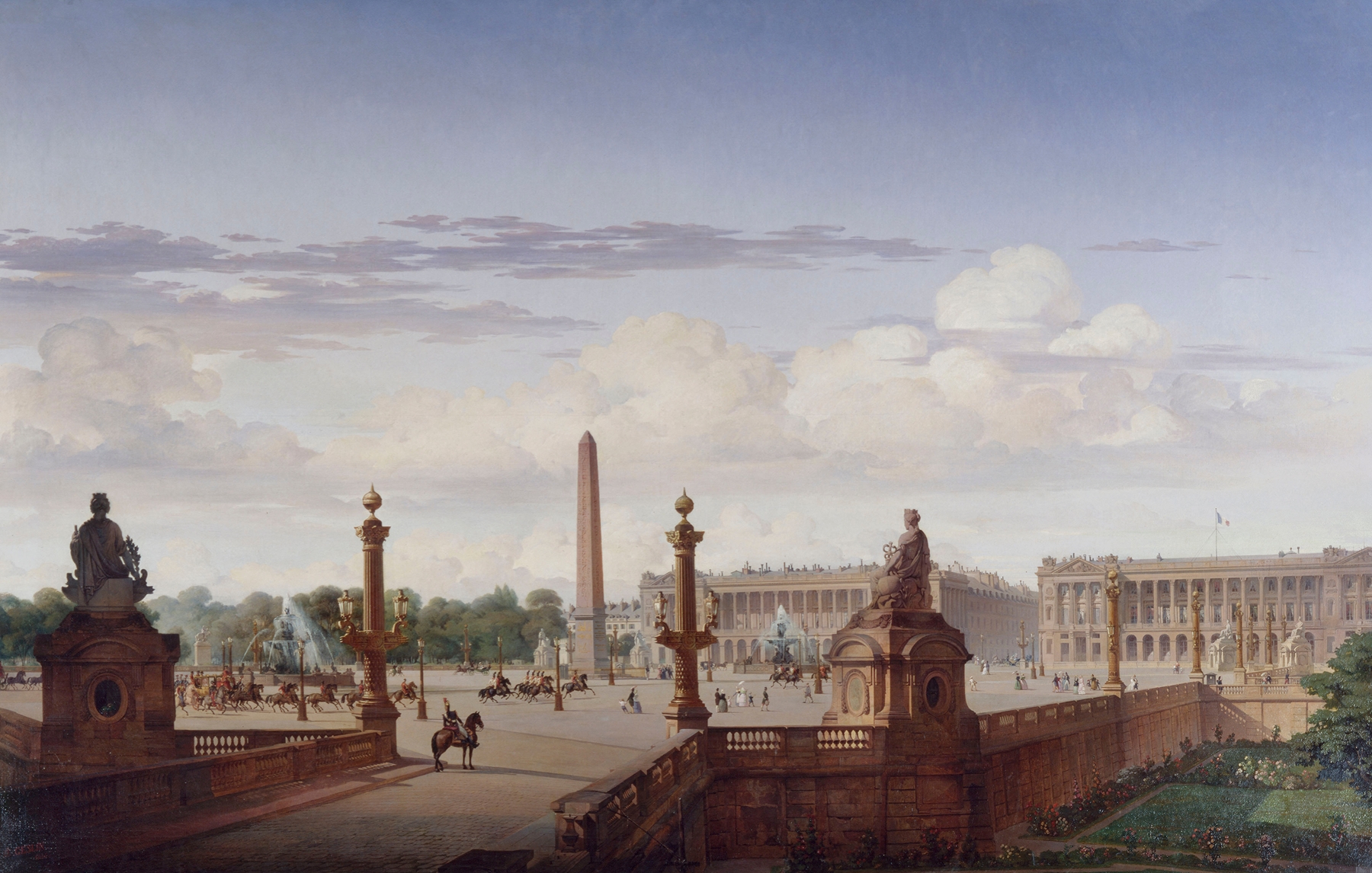 Historical scene with a carriage crossing the Concorde, oil painting by Jean-Charles Geslin