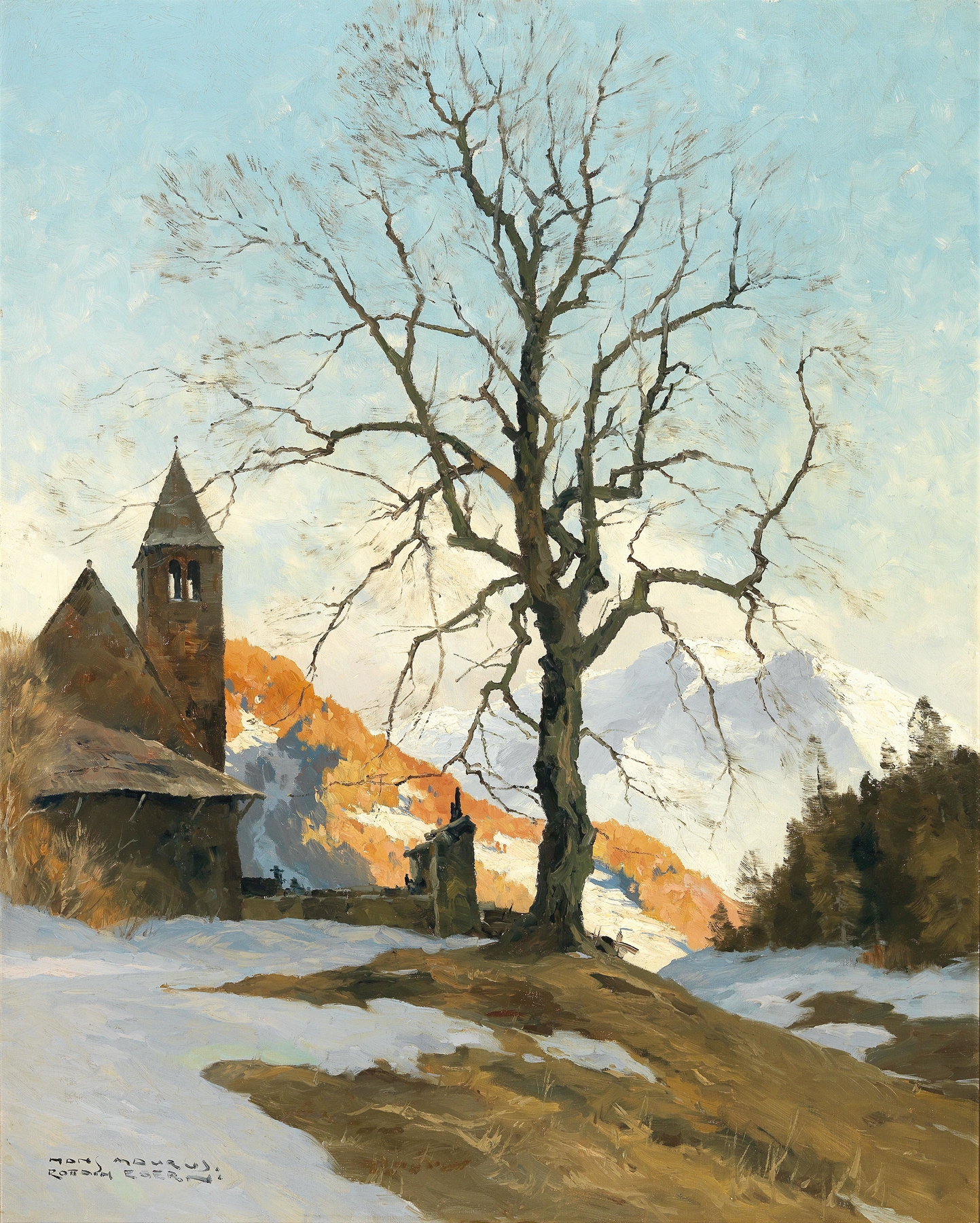 Landscape oil painting by Hans Maurus featuring vibrant colors and rolling hills