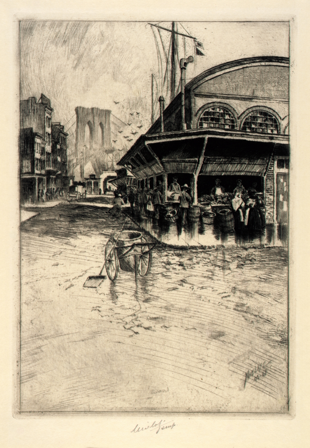 Catherine Market etching by Charles Frederick William Mielatz depicting a bustling marketplace