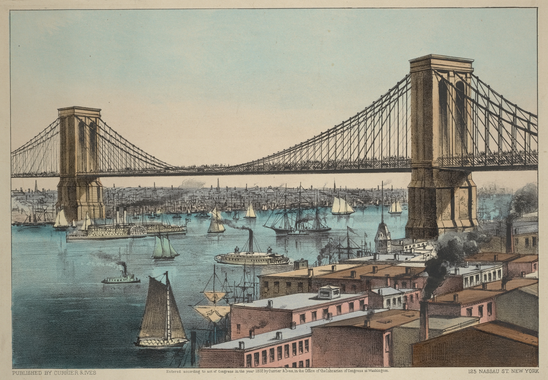 The Great East River Bridge. To connect the cities of New York & Brooklyn, by Currier & Ives., public domain