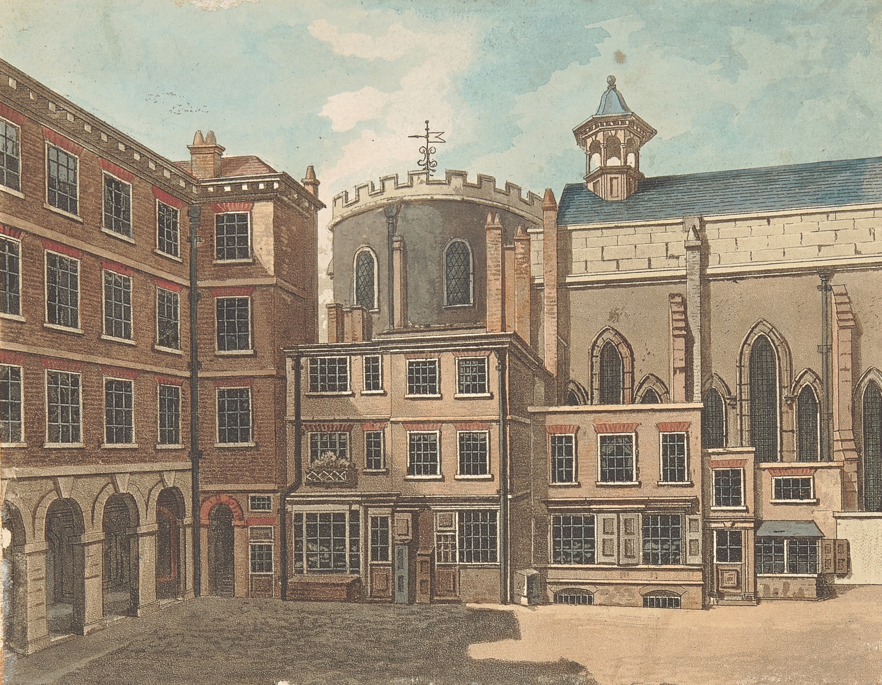 Temple Church by Samuel Ireland, oil painting depicting a church silhouette against a stormy sky