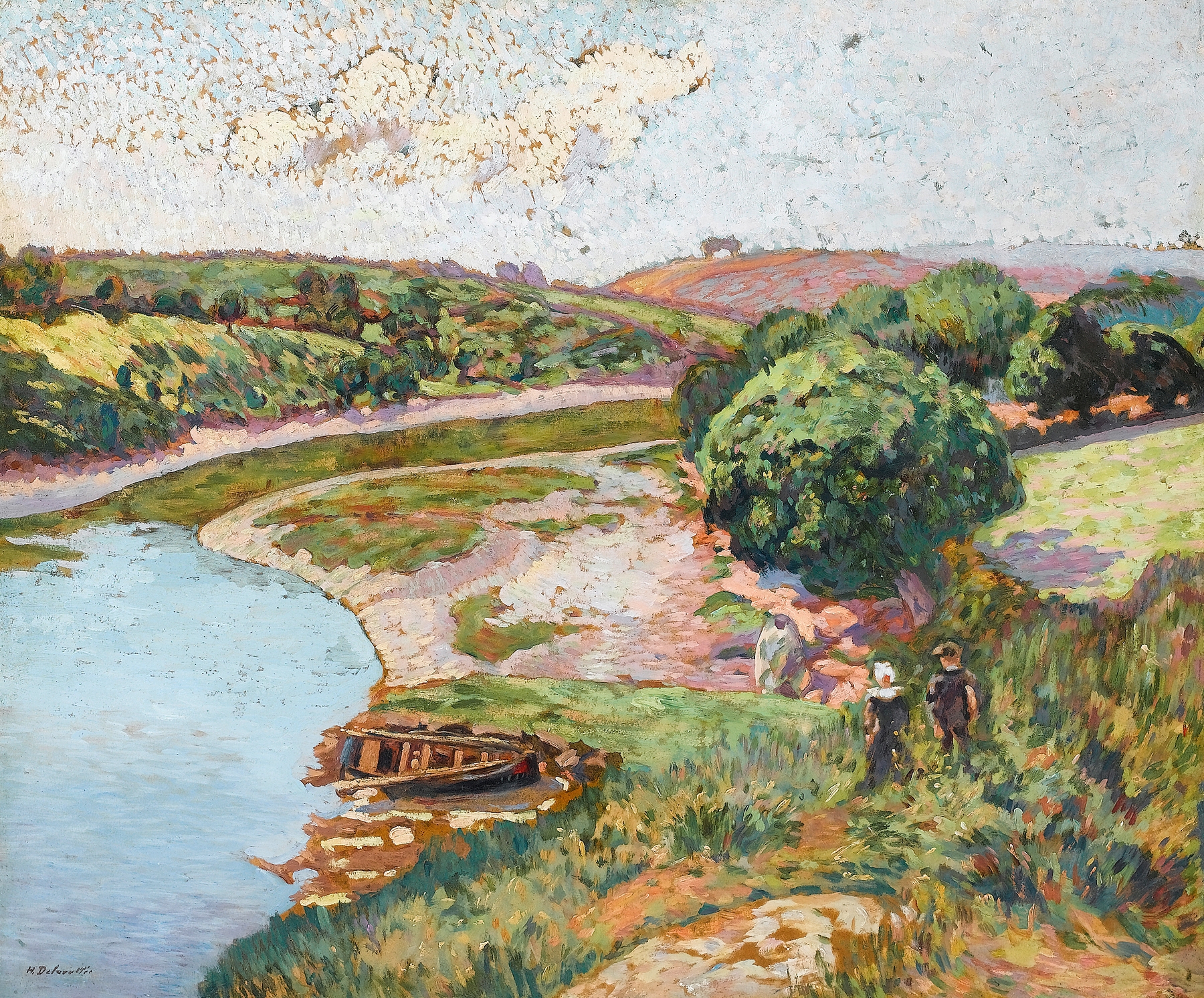 Breton couple by the river in oil on canvas by Henri Delavallée