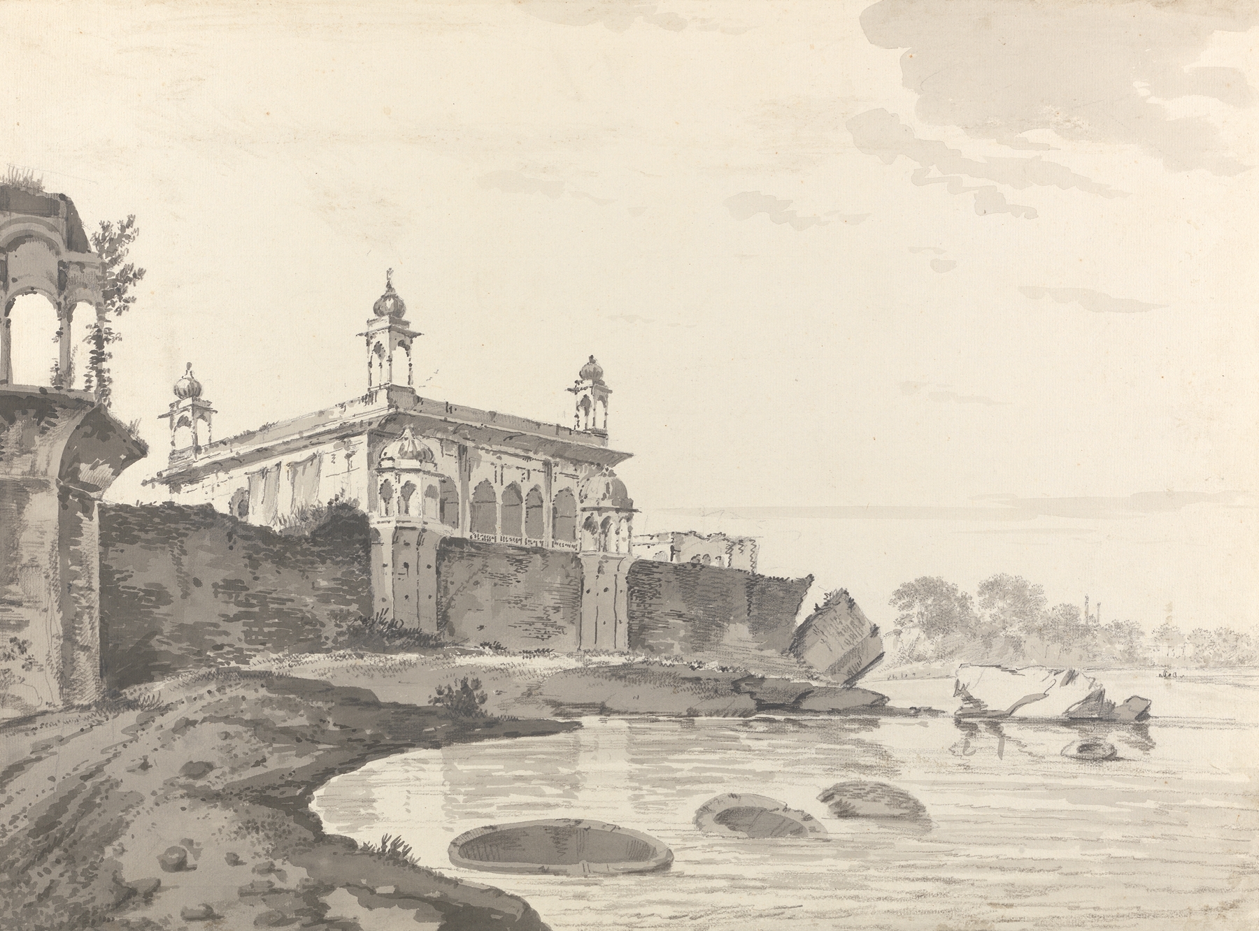 Drawing by William Hodges depicting a landscape with light and shadows, 1780-1788.