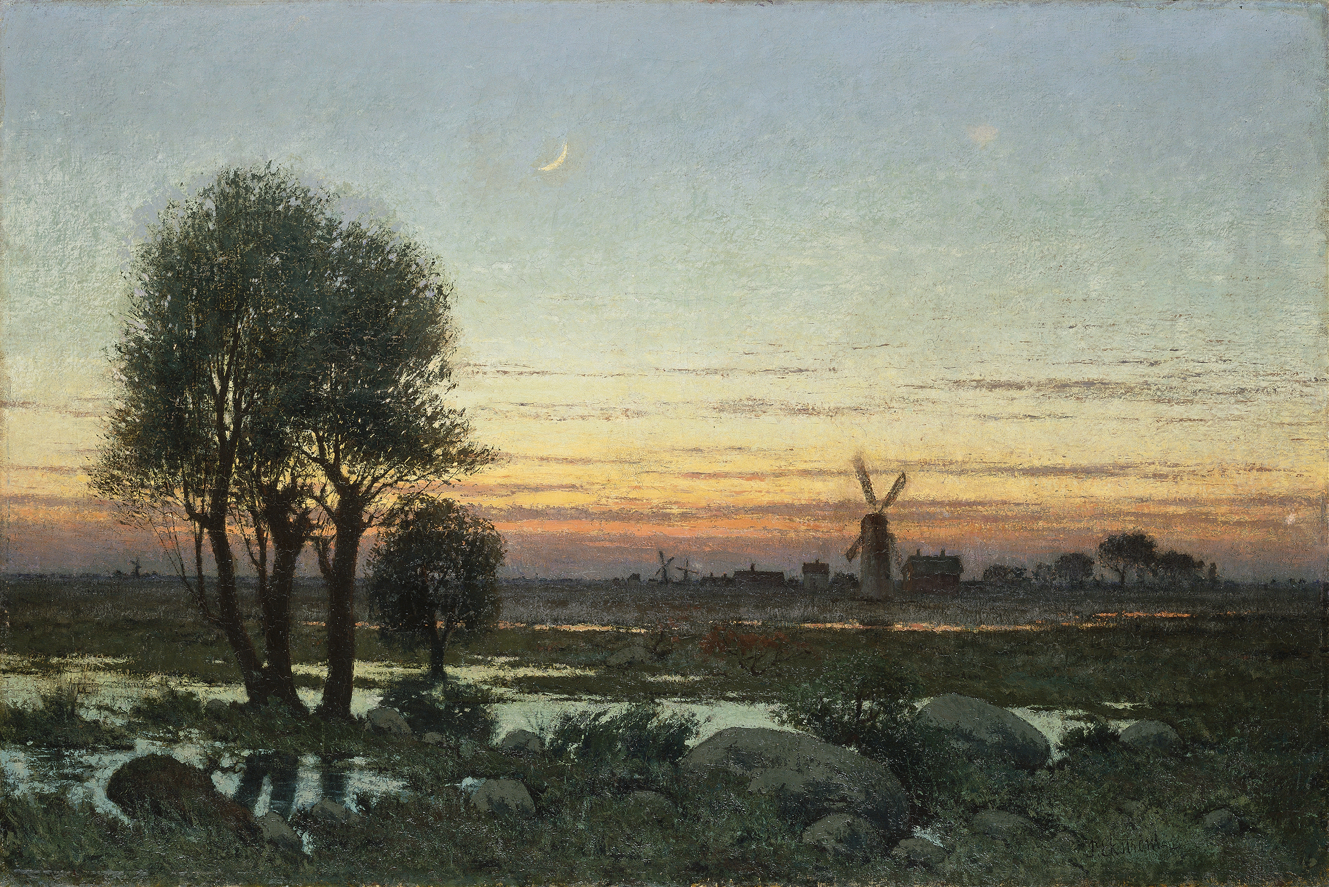 Autumn Landscape in the Glow of Sunset by Per Ekström, oil painting depicting trees and sunset hues.