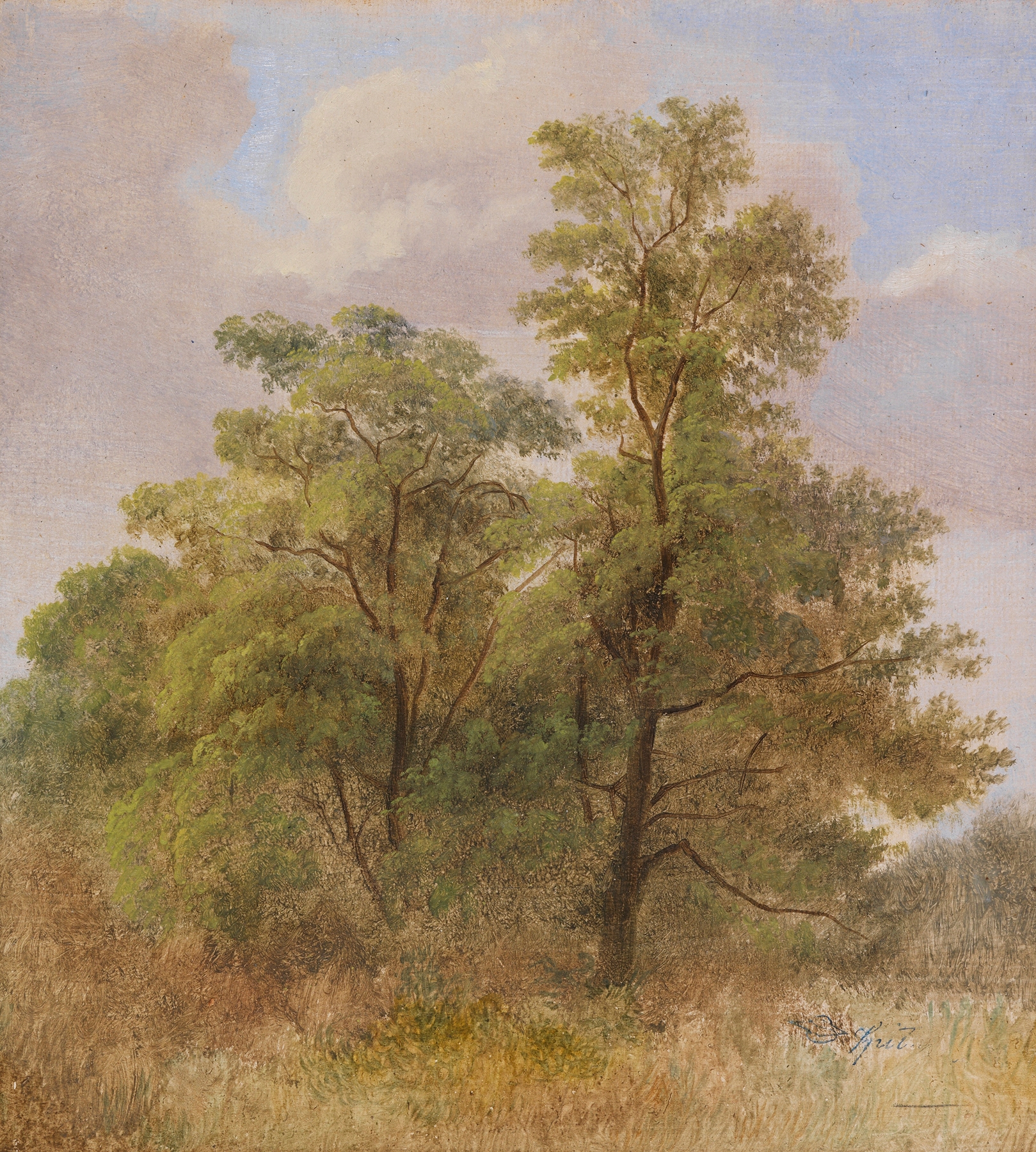 Romanticism landscape by Carl Spitzweg, featuring a figure in contemplation under a tree.
