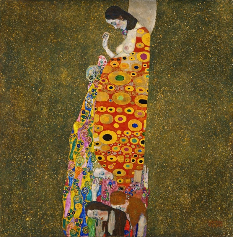 Gustav Klimt's 'Hope, II' explores themes of optimism through intricate patterns and figures.