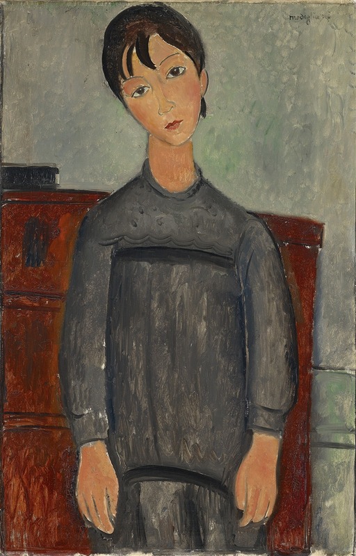 Amedeo Modigliani's 'Girl Standing In Black Pinafore' features a young girl in a black dress with a simple background.