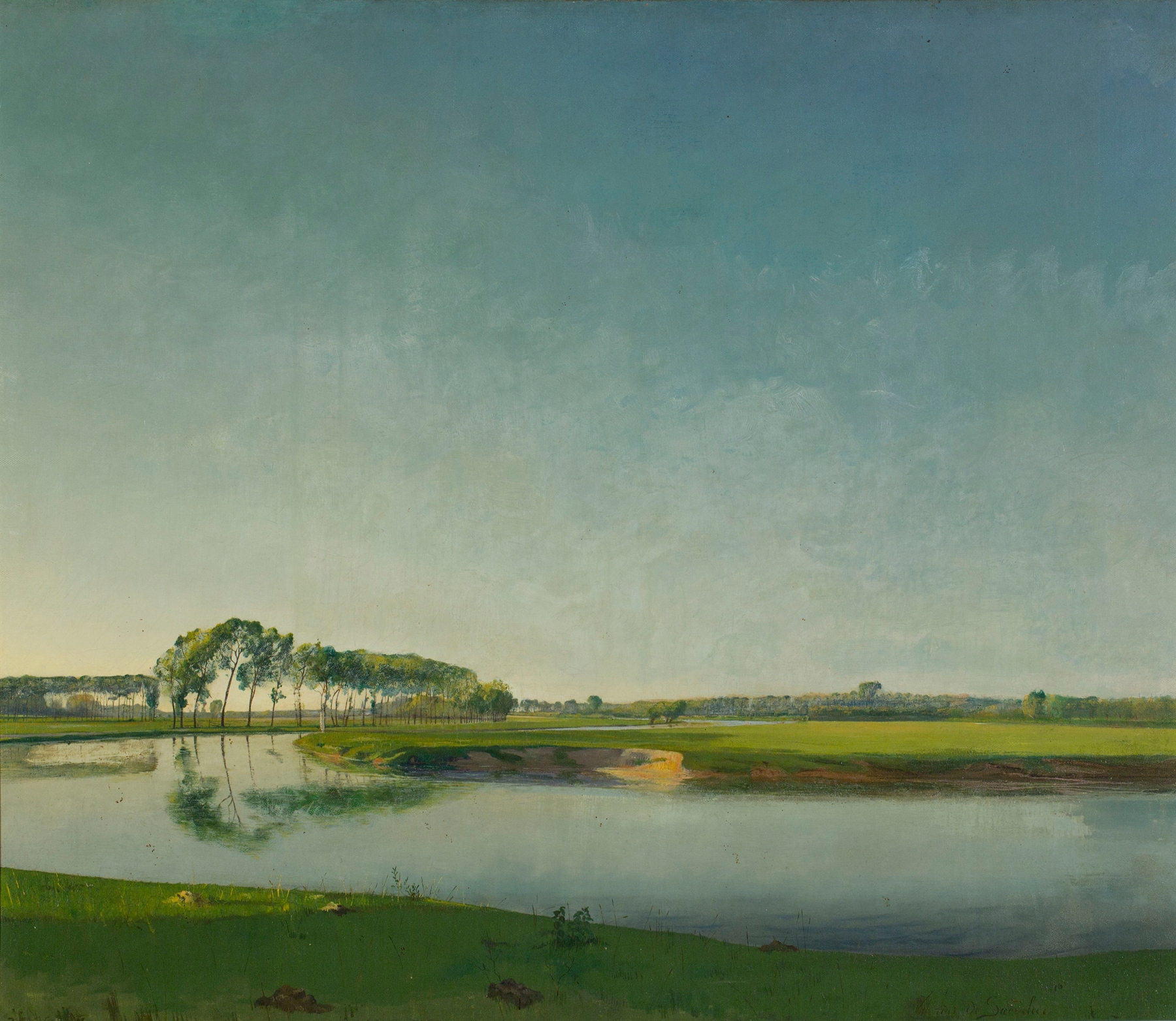 Oil painting by Valerius De Saedeleer depicting a river at twilight with rich hues.