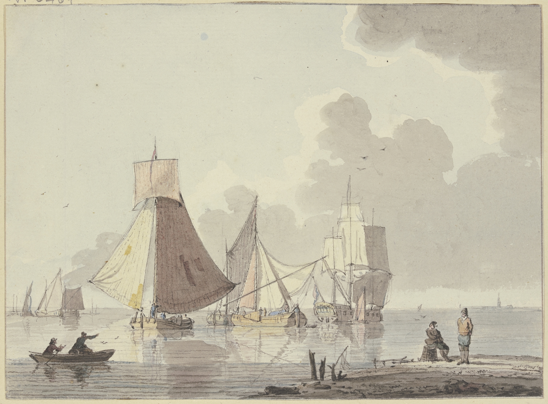 Marine scene with ships and a small boat, oil painting by Hendrik Kobell