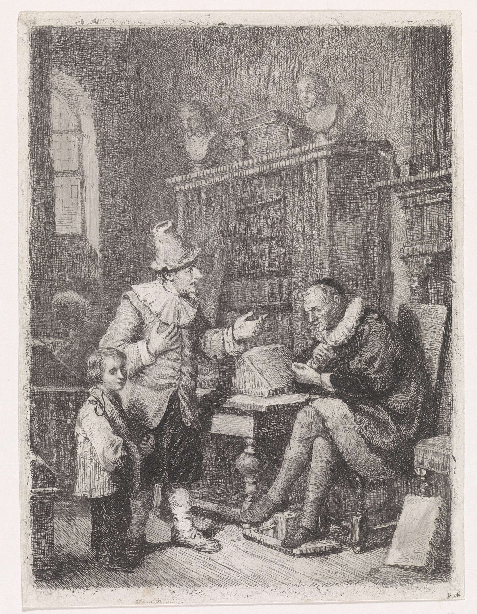 Genre scene etching by David van der Kellen depicting a figure at a table with candlelight