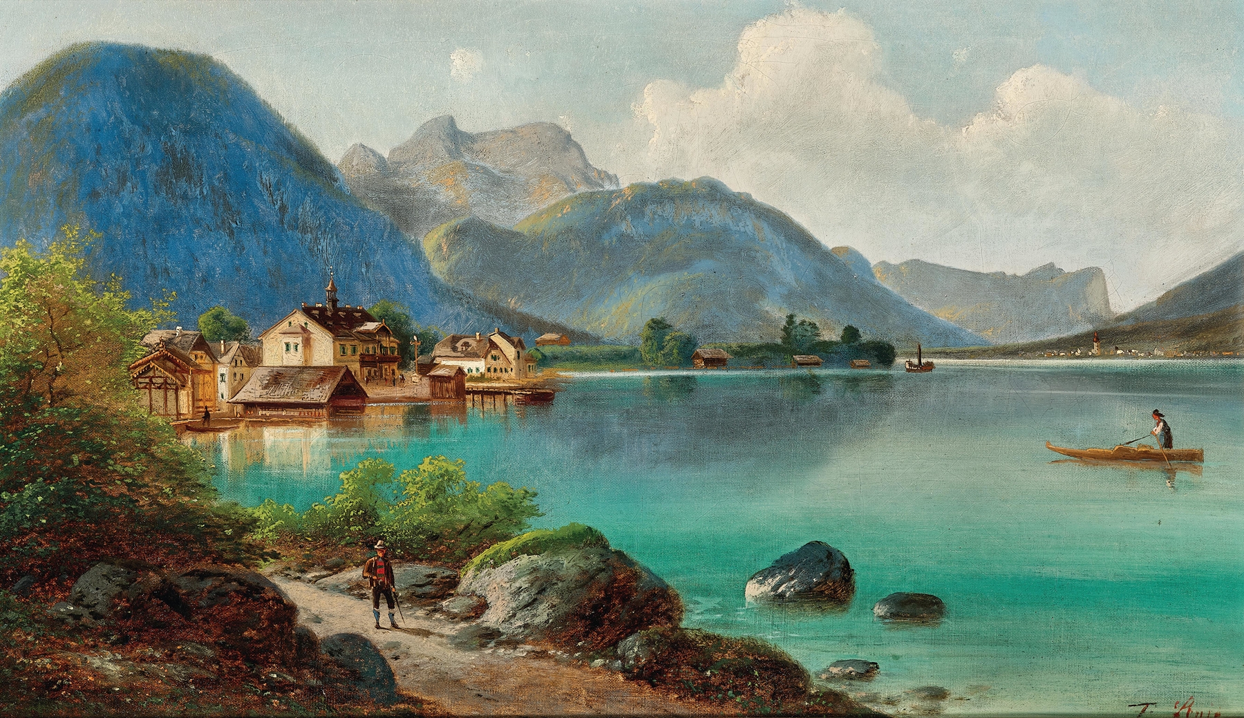 Blick auf Weissenbach am Attersee by Ferdinand Lepie, oil painting depicting a serene lake and mountains.