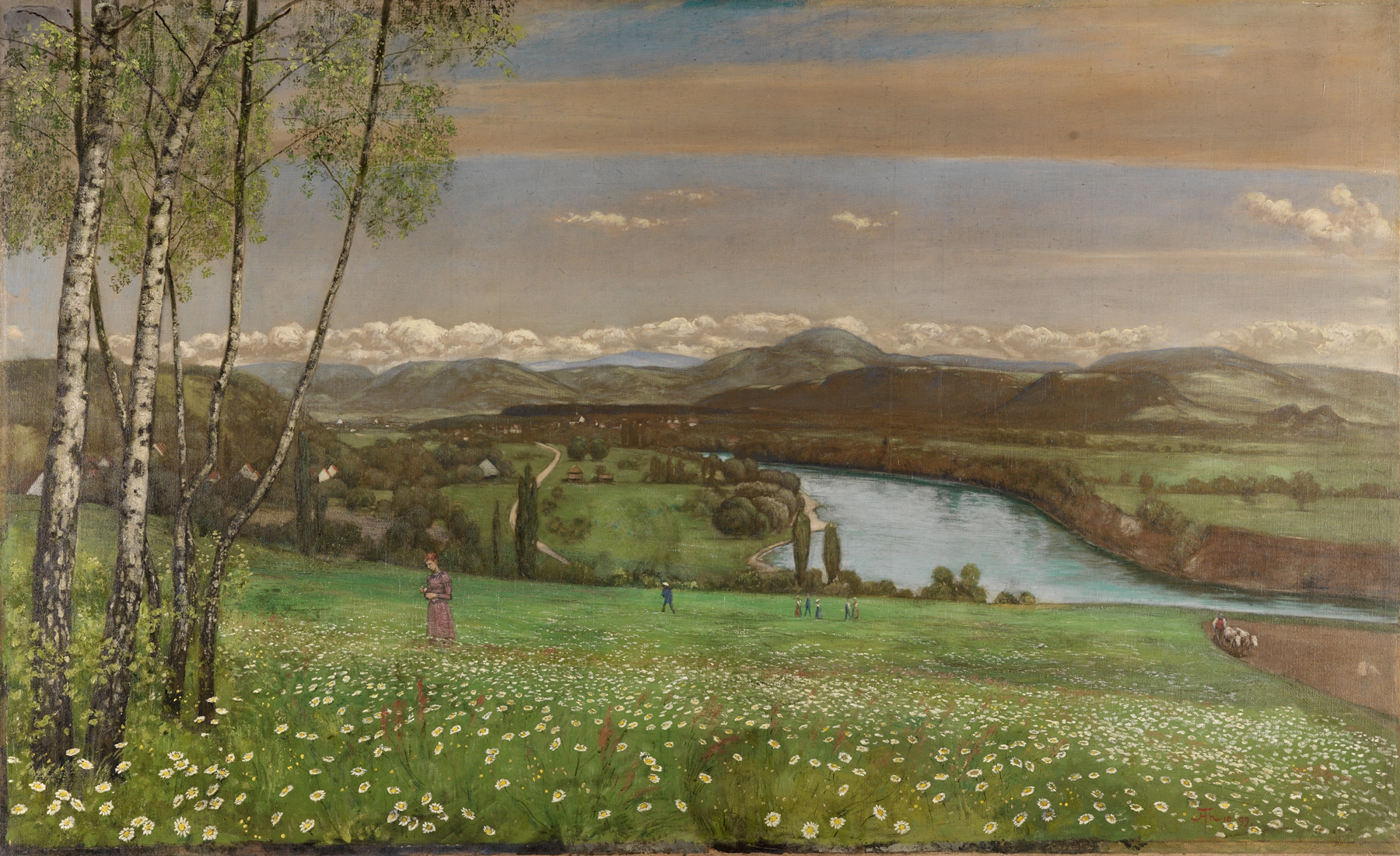 Landscape of the Rhine River with hills, oil on canvas by Hans Thoma