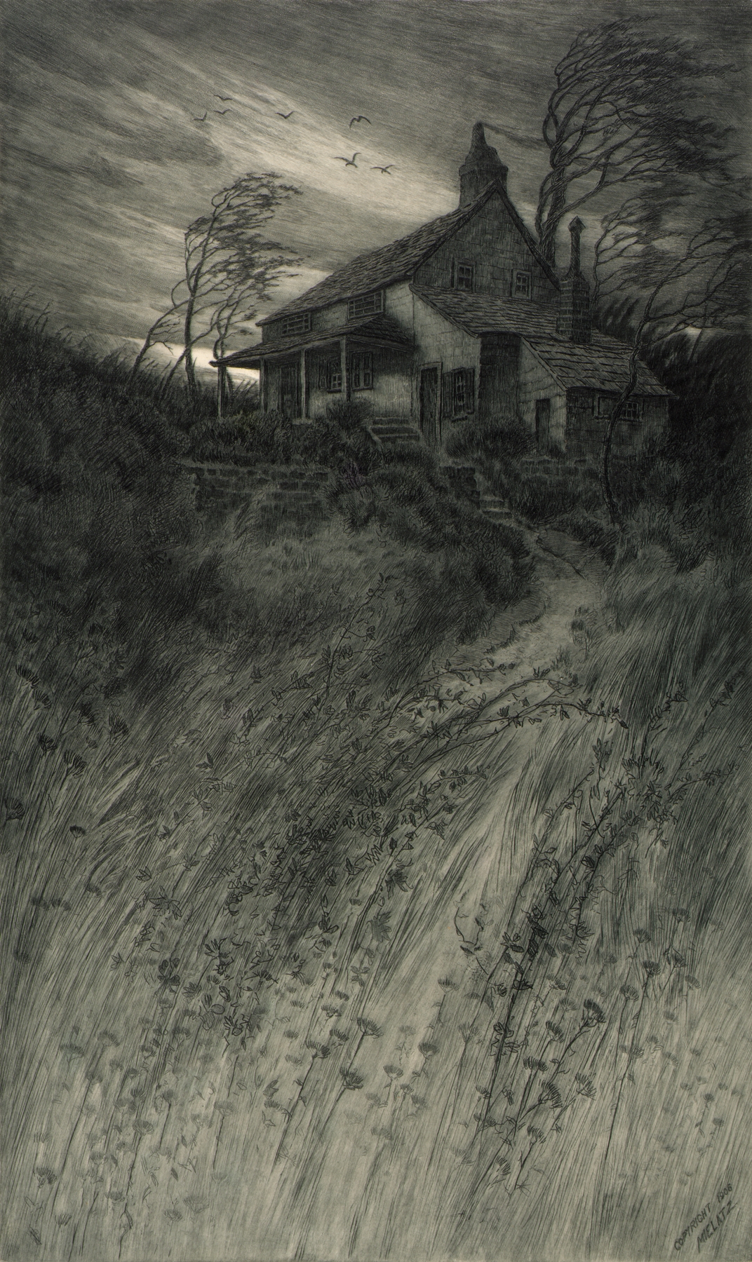Old House in Wind, etching by Charles Frederick William Mielatz, depicting a tree and an old house under a stormy sky.