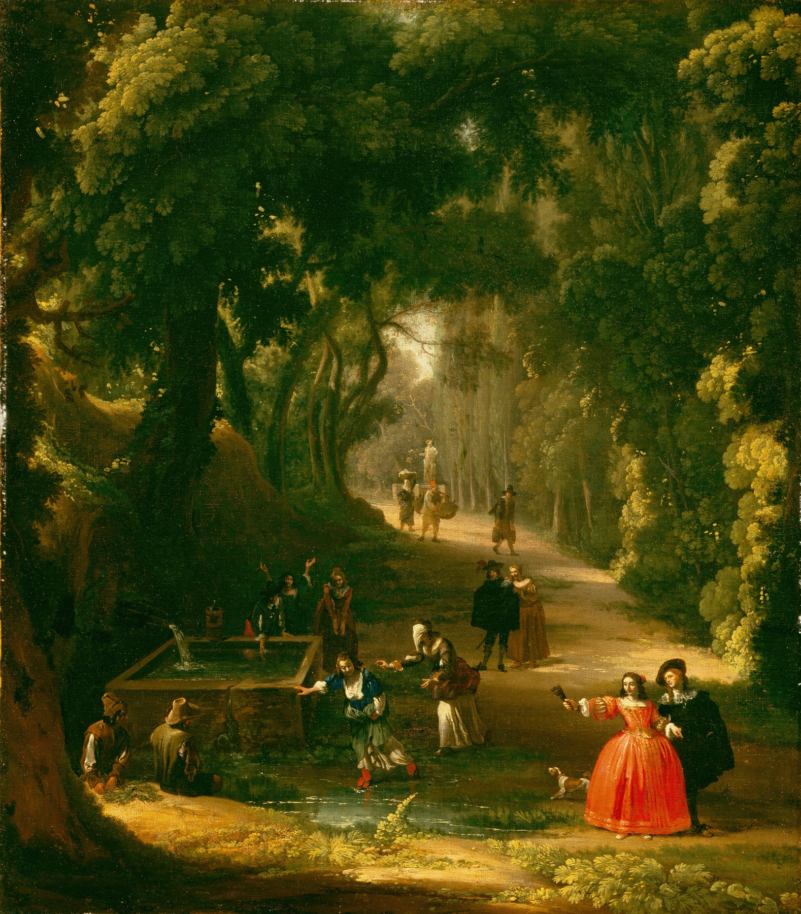 Blindman’s Buff by Angeluccio, Baroque oil painting depicting a blindfolded figure with outstretched arms.