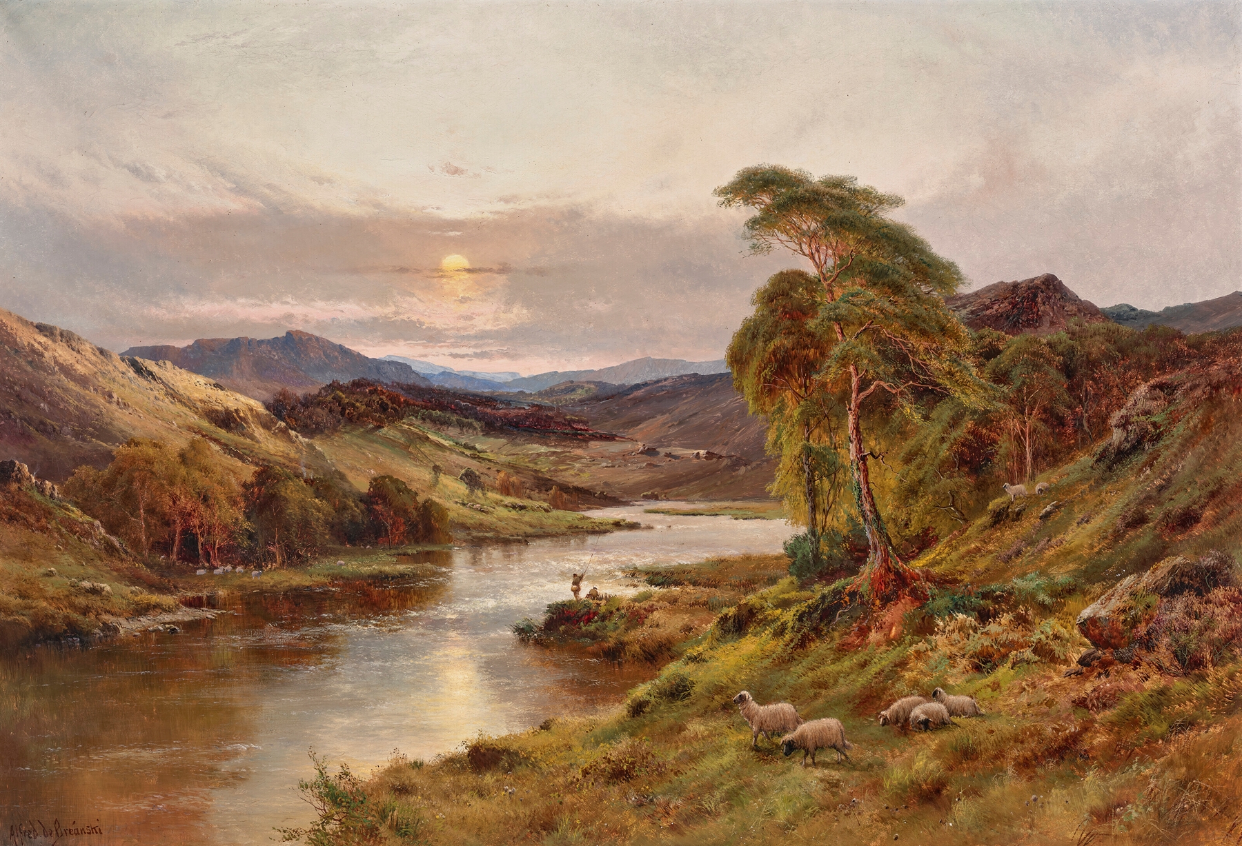The Dee at Balmoral by Alfred de Bréanski, oil painting depicting a serene river and forest.