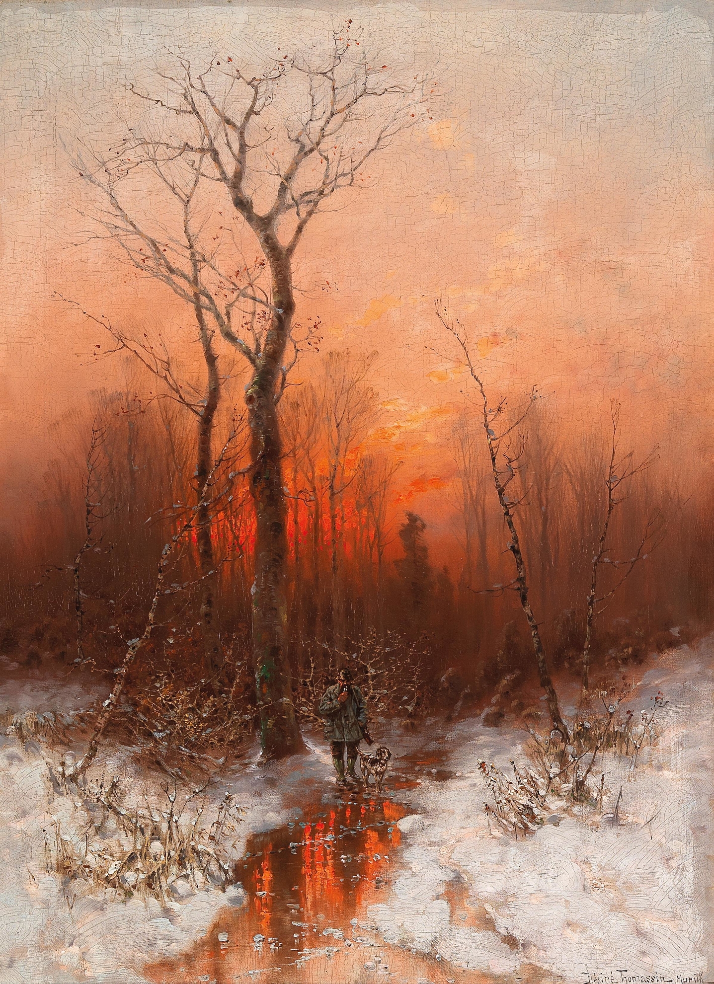 Landscape oil painting by Désiré Thomassin depicting a silhouette at sunset.