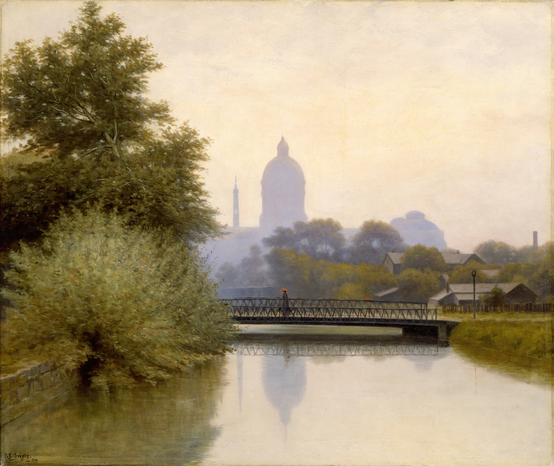 The Canal—Morning Effect by Richard Buckner Gruelle, oil painting depicting a tranquil morning landscape with water.