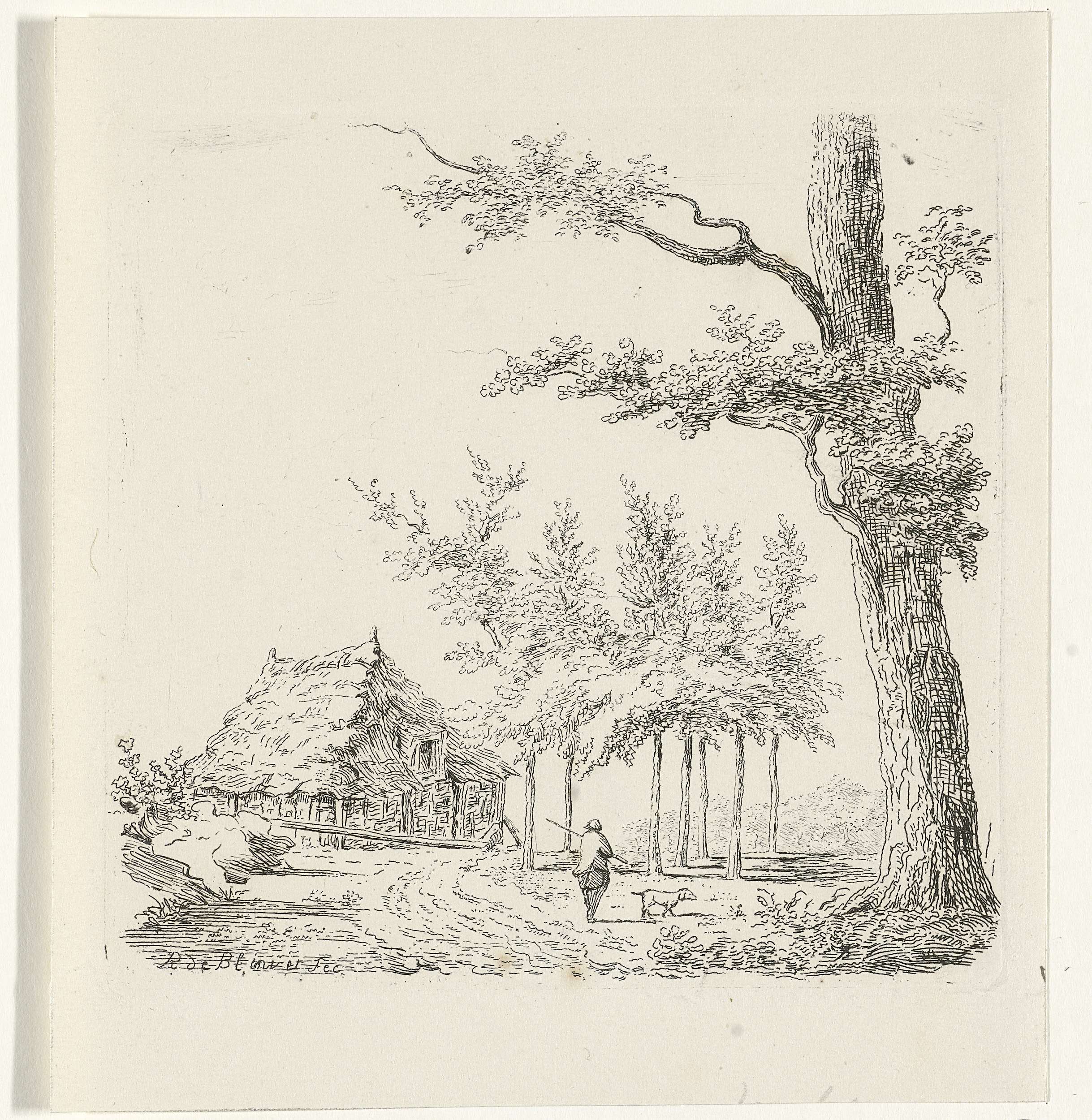 Etching by Reinierus Albertus Ludovicus baron van Isendoorn à Blois depicting a farmer and dog in a countryside setting.