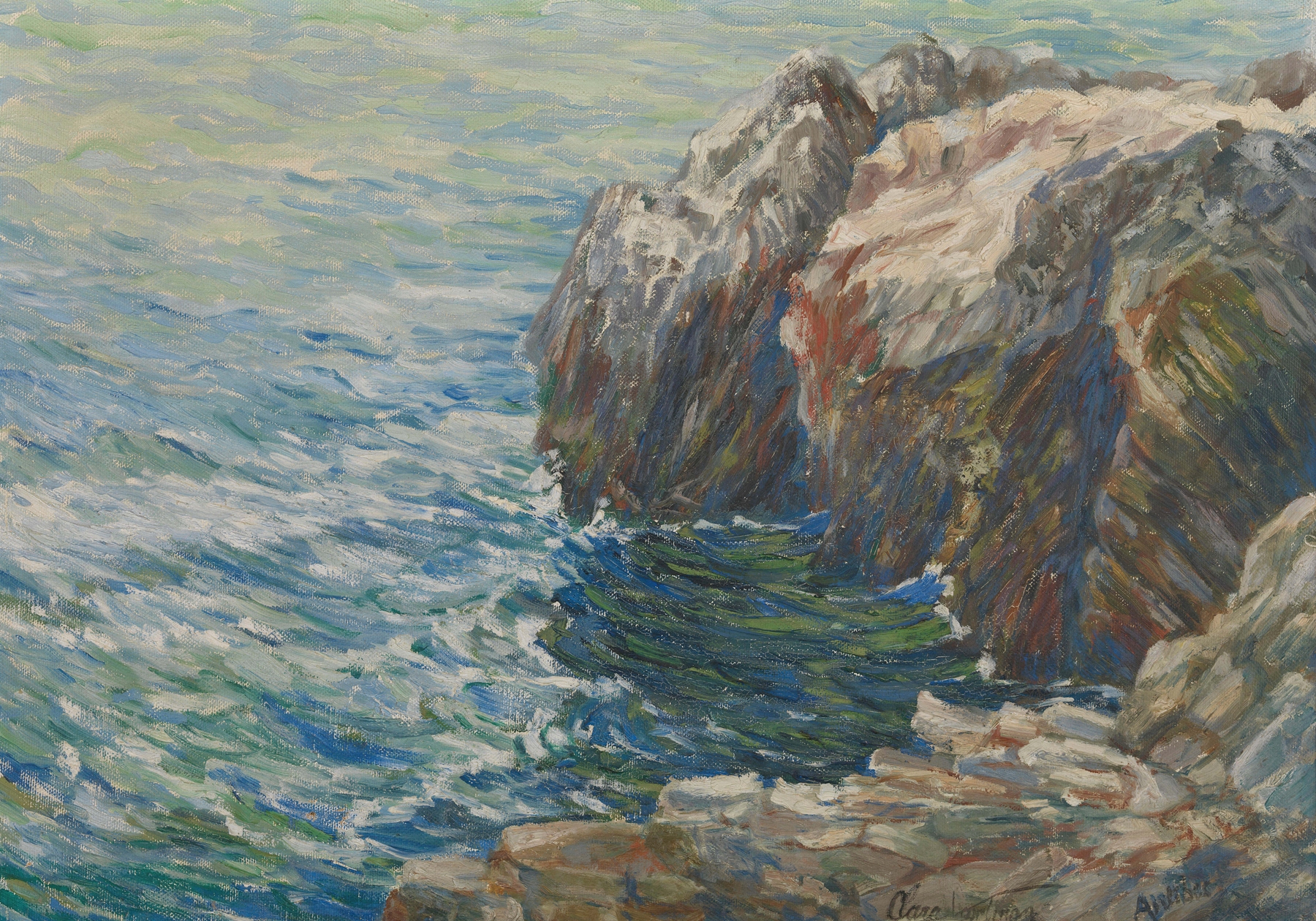 Cap d’Antibes by Clara Voortman-Dobbelaere, oil on canvas depicting a tranquil sea and sky.