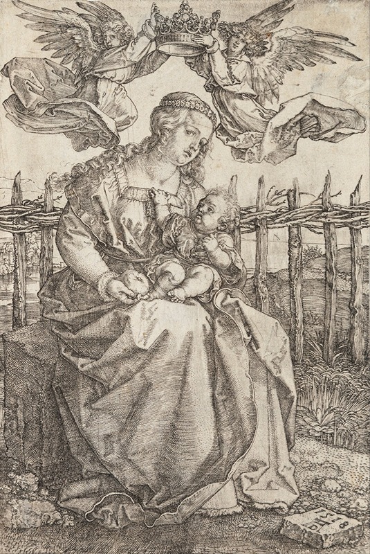 A painting depicting the Virgin Mary crowned by two angels.