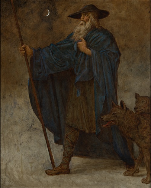 A depiction of Wotan surrounded by wolves, showcasing vibrant colors and mystical elements.