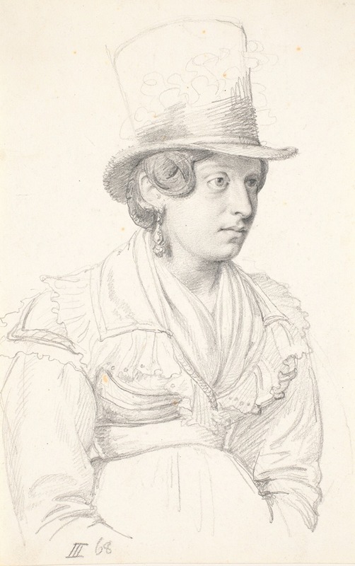 A portrait of a woman in a high hat by Wilhelm Marstrand.