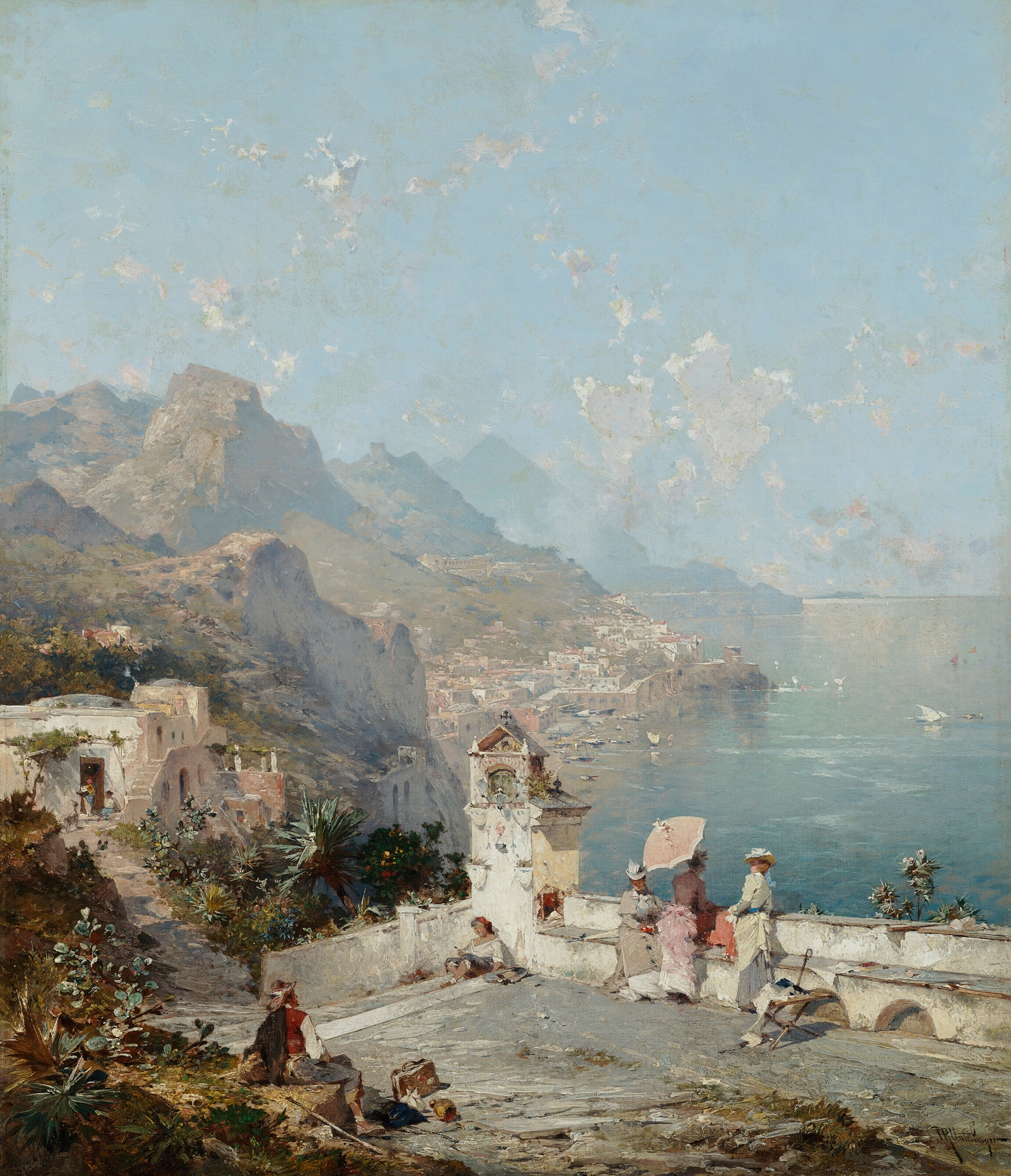 Amalfi; The Gulf of Sorrento, Figures on a Veranda, by Franz Richard Unterberger, public domain