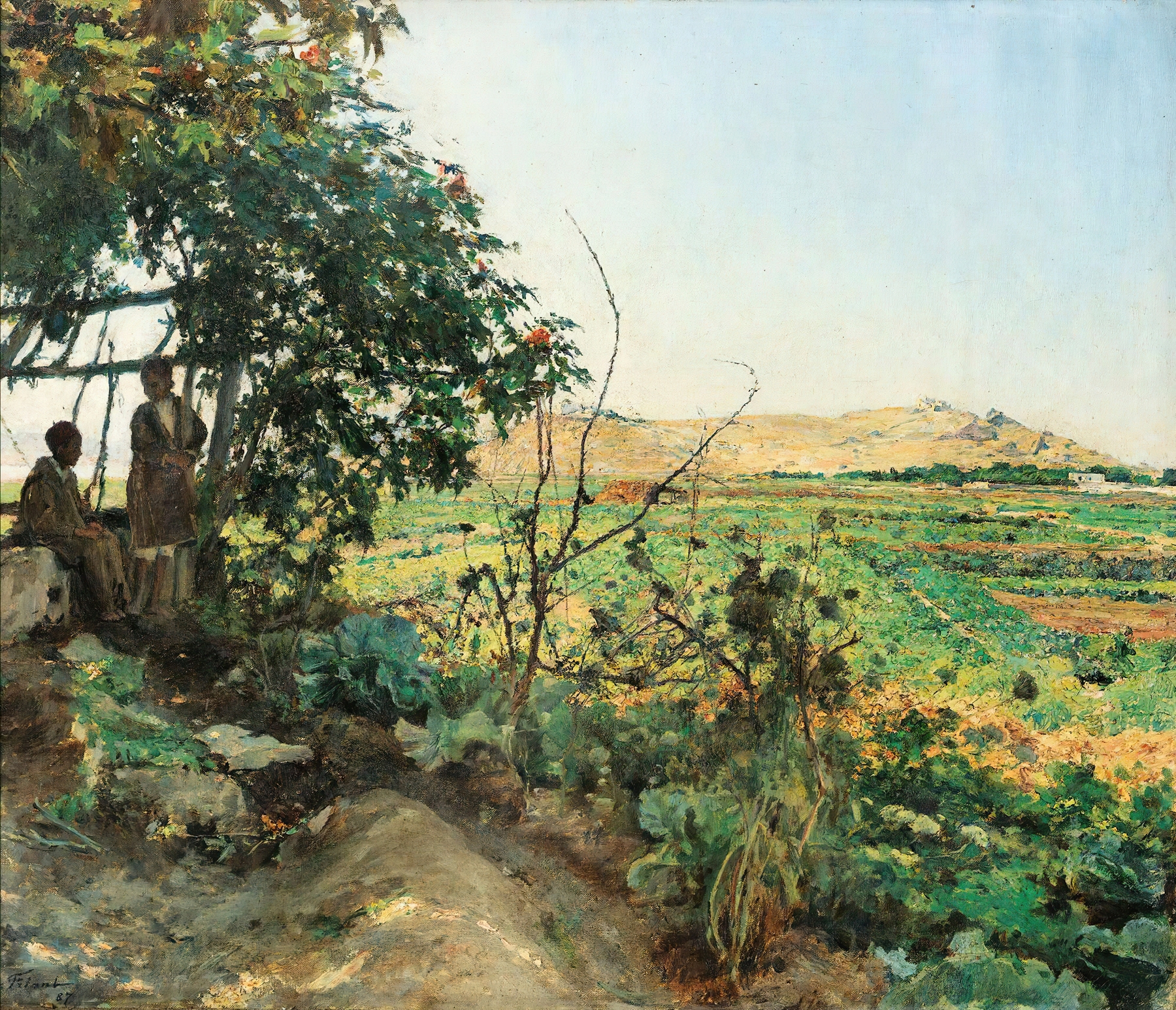 Landscape Of The Suburbs Of Tunis by Émile Friant, oil painting depicting vibrant fields and horizon.