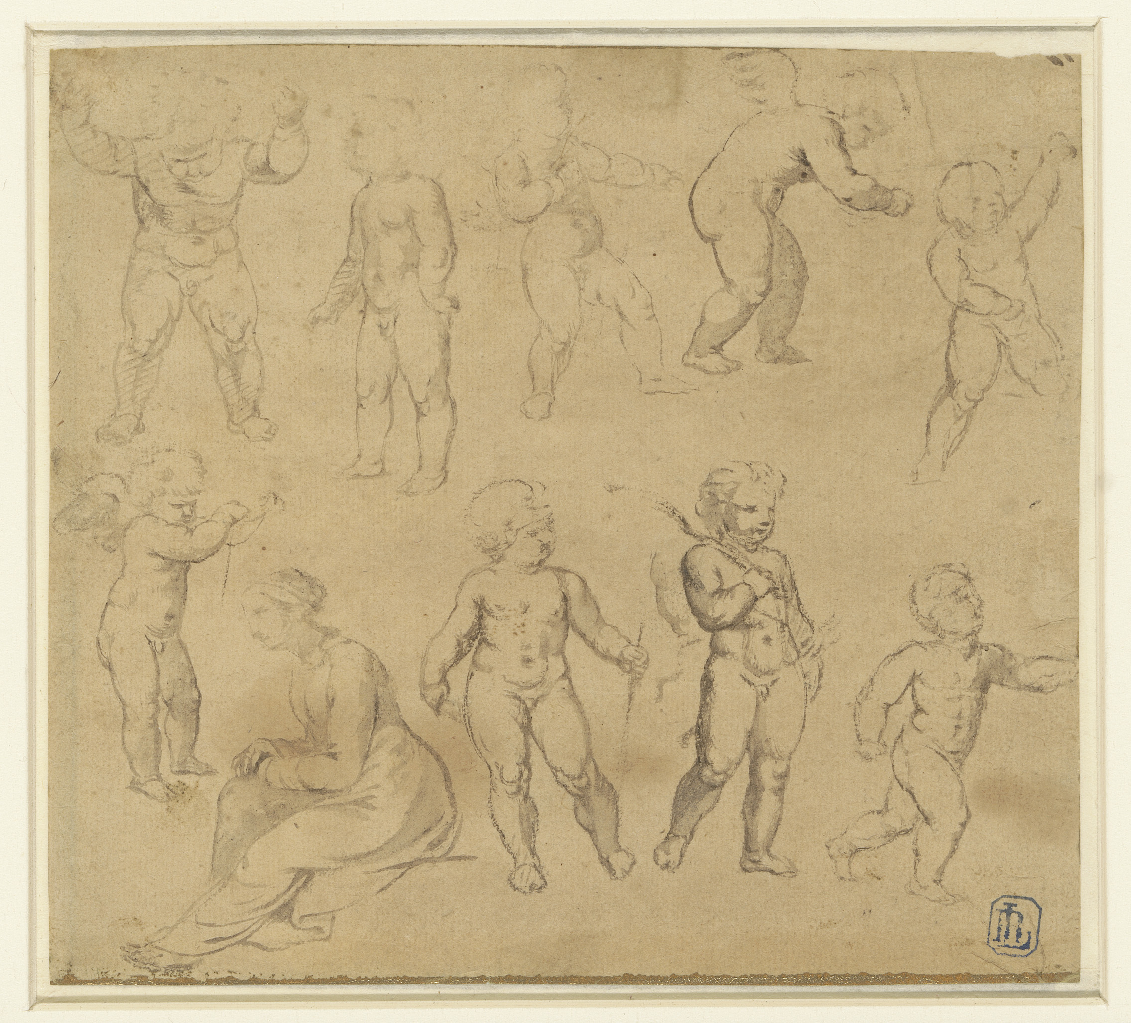 Figurative drawing of a seated woman with putti, Unknown Artist