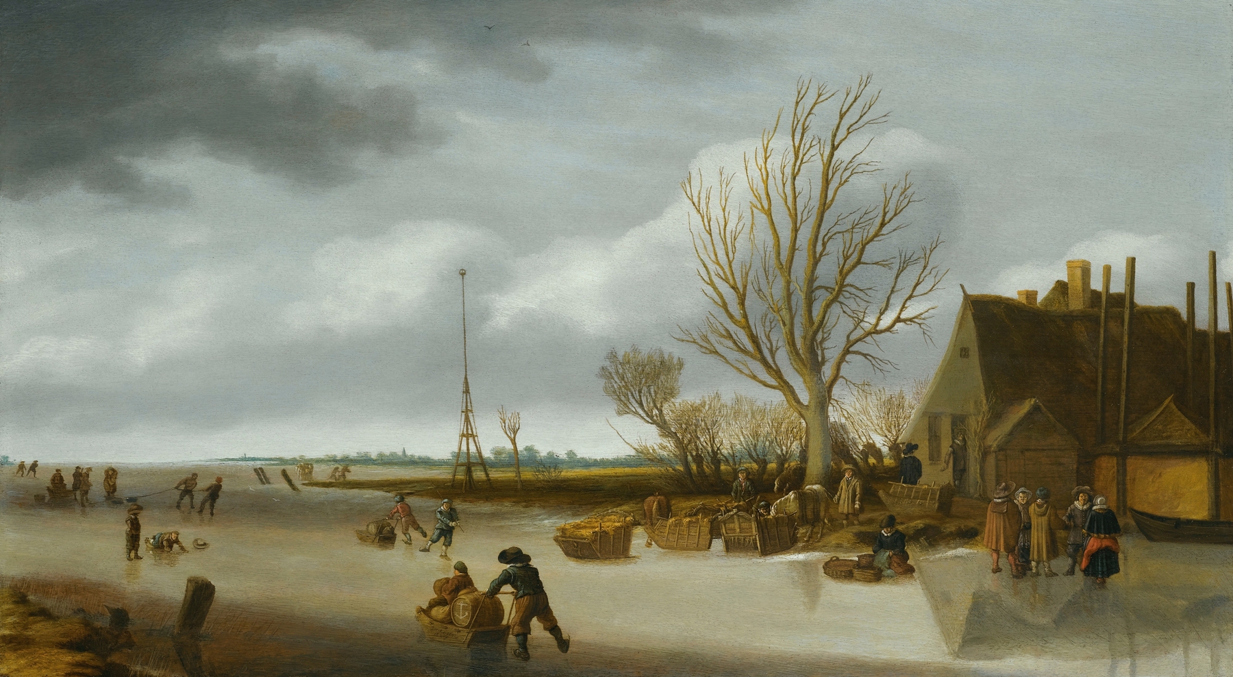Winter landscape with a boy on skates pushing a sled, oil on canvas by Salomon van Ruysdael
