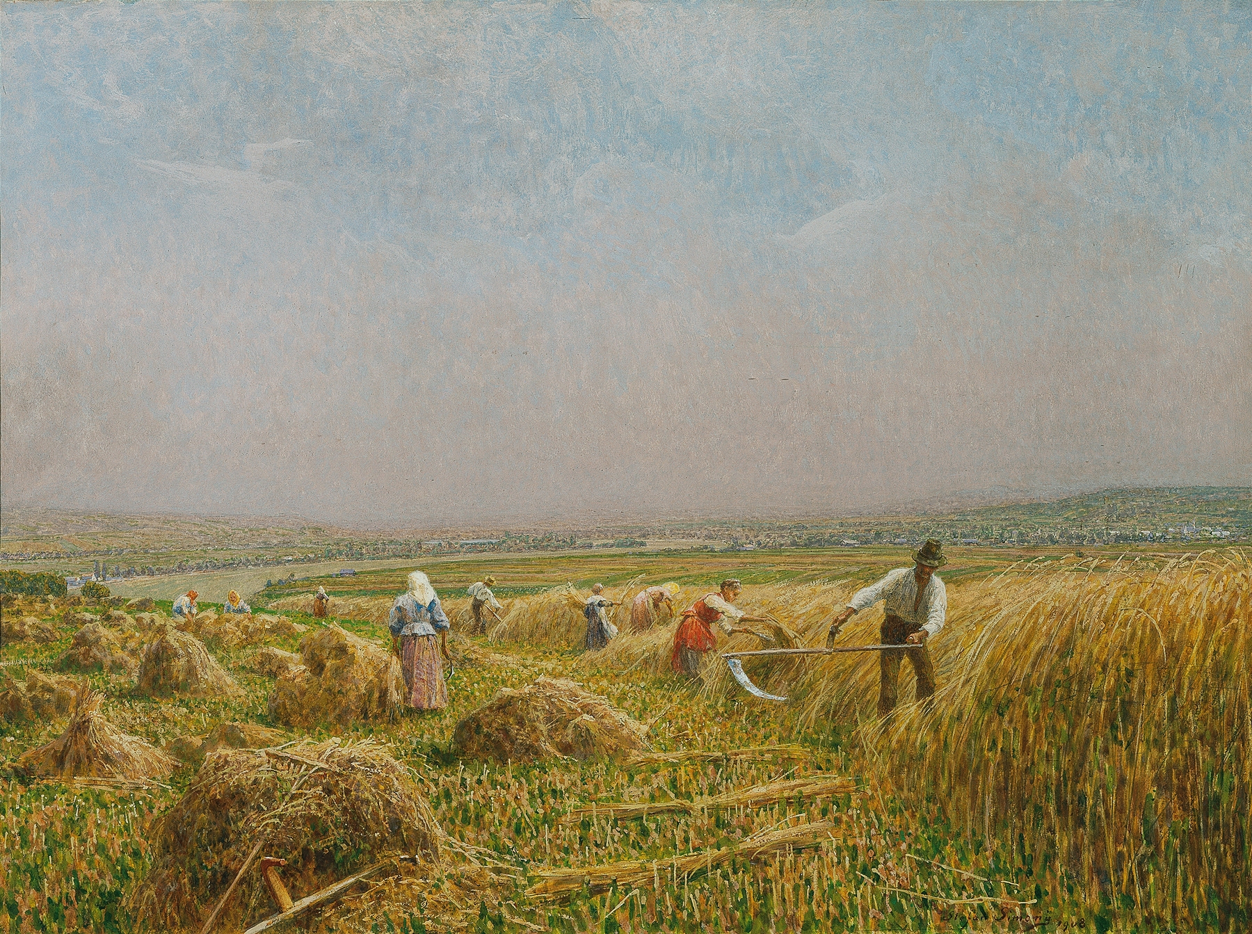 Figurative work by Stefan Simony, depicting a solitary figure with a scythe in a golden grain field.