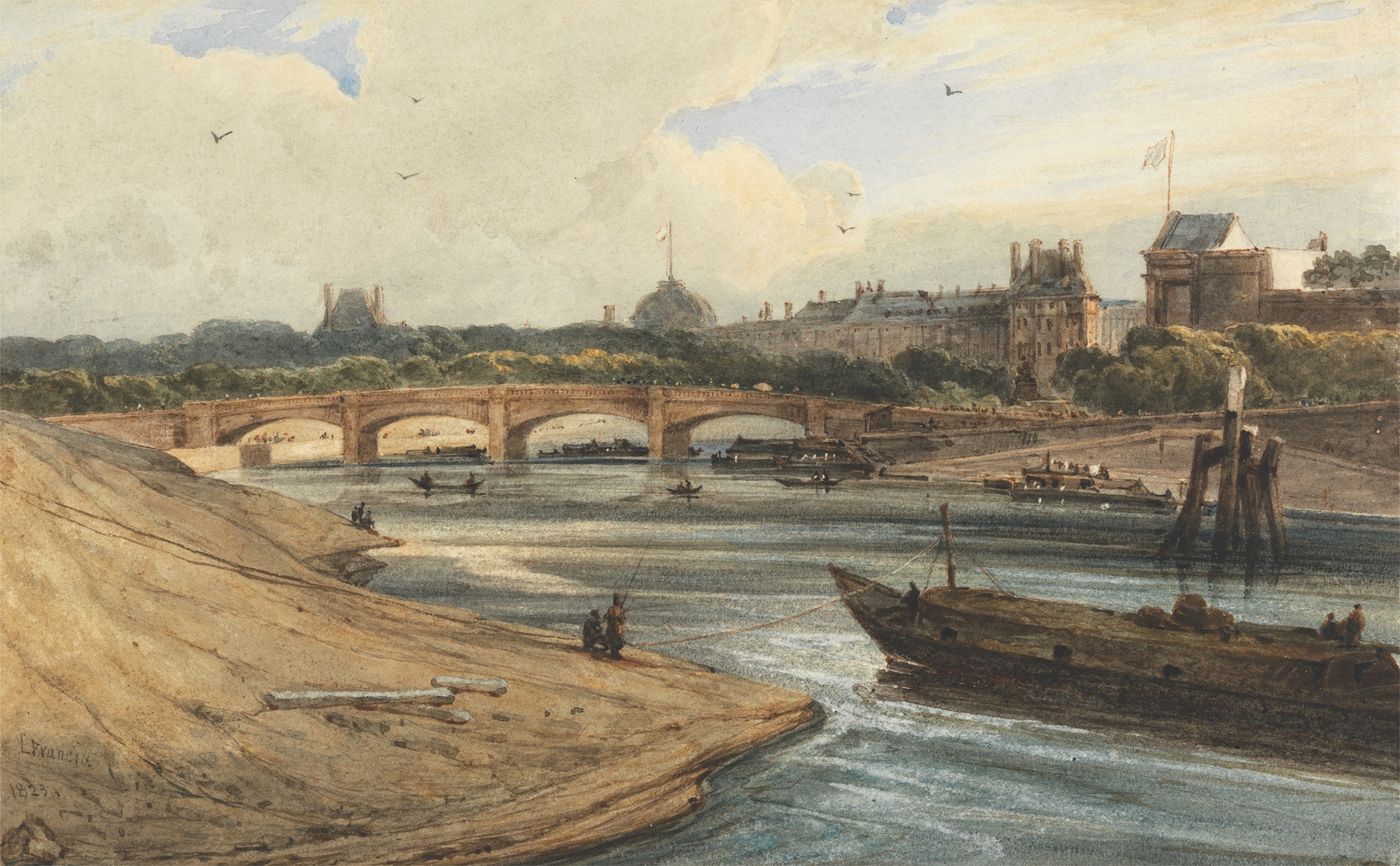 Oil painting by François Louis Thomas Francia depicting Tuileries Palace at sunset.