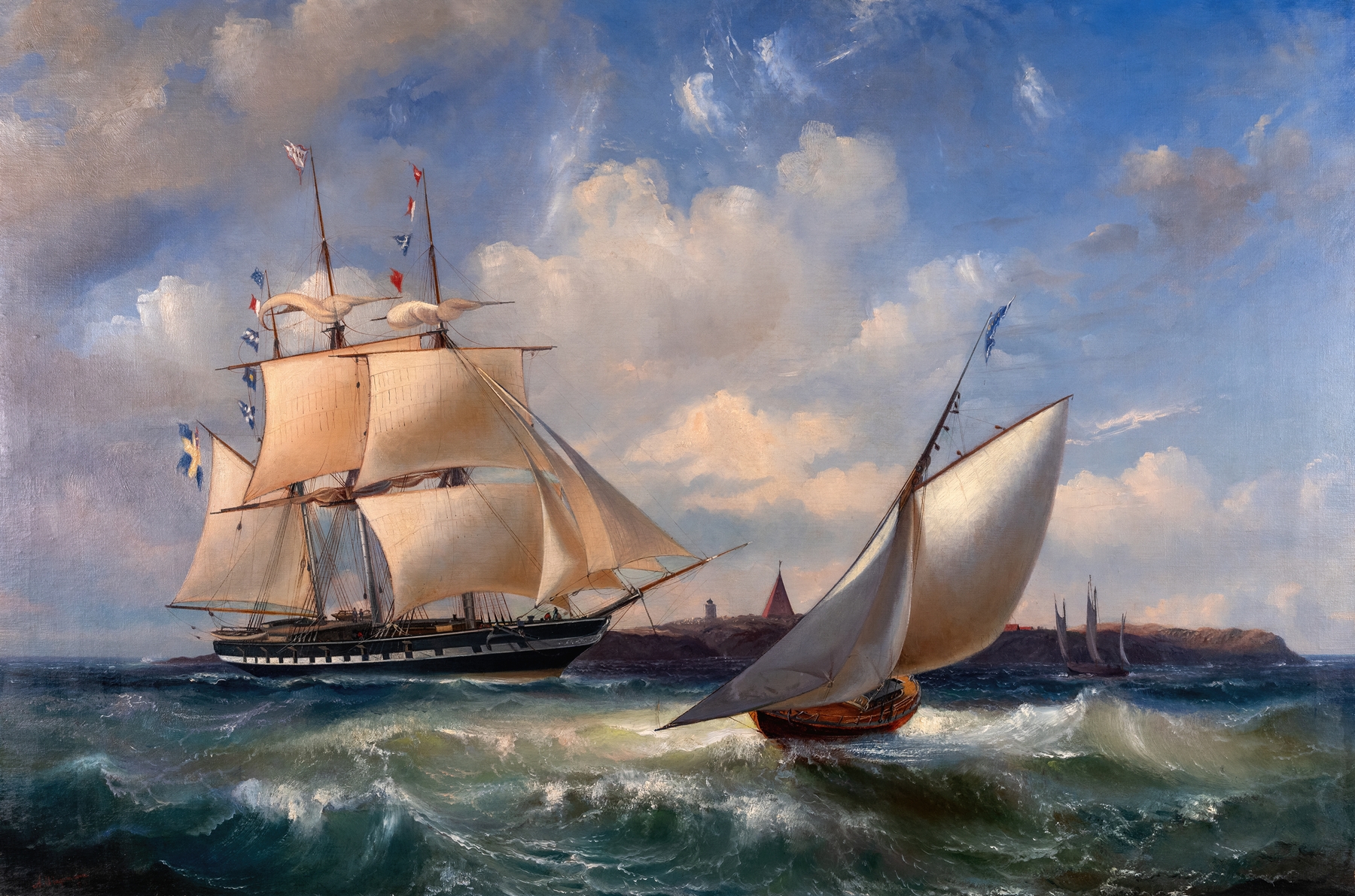 Seascape, Vinga Lighthouse by Arnold Plagemann, oil painting depicting a lighthouse by the sea.