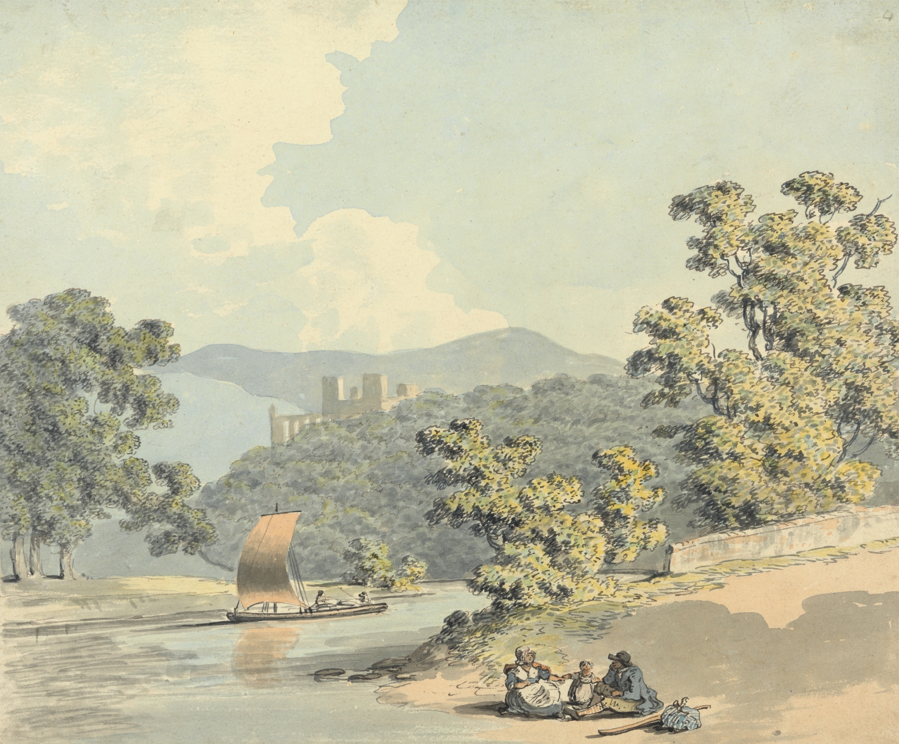 Genre scene of country folk with a child beside a river, Samuel Howitt, oil painting