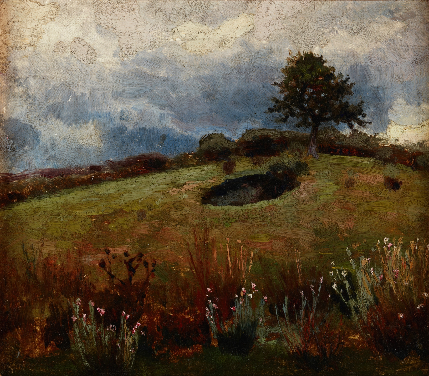 Landscape by Jan Stanisławski, impressionism, depicting hills and a lavender sky.