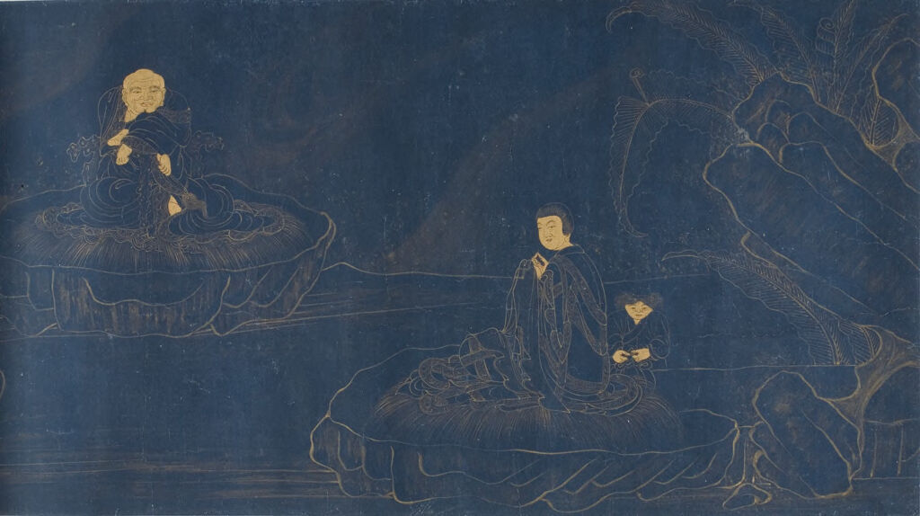 Eighteen Lohans by Wan Shouqi, gold medium depicting serene figures in dialogue.