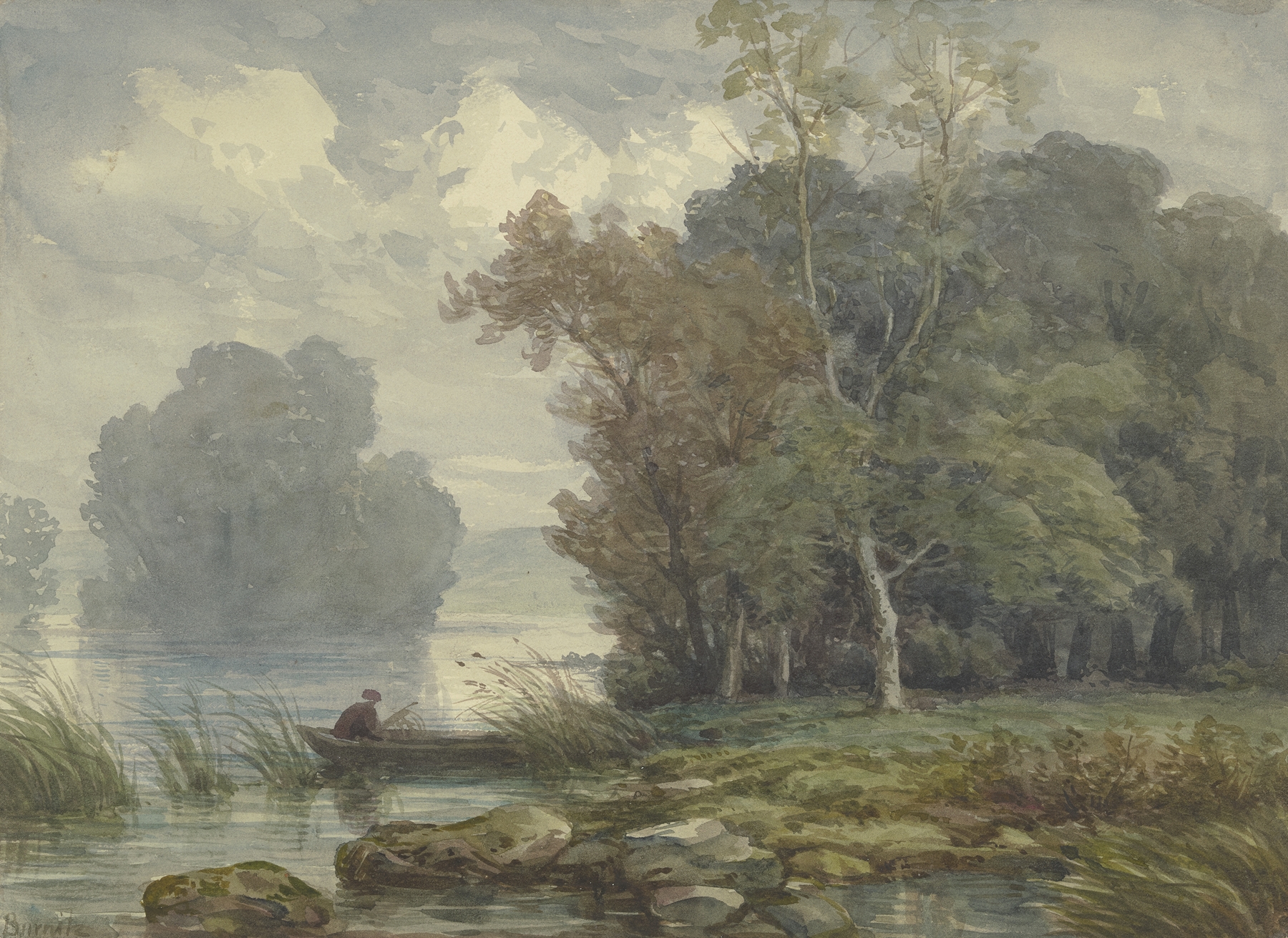 River landscape with a solitary figure in a boat, oil painting by Peter Burnitz