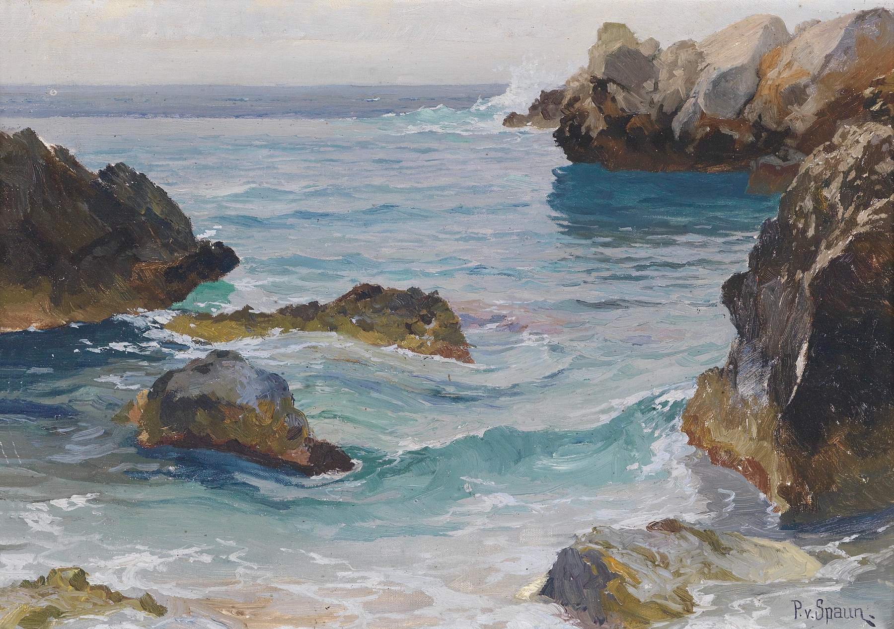 Marine scene with crashing waves, oil painting by Paul Von Spaun