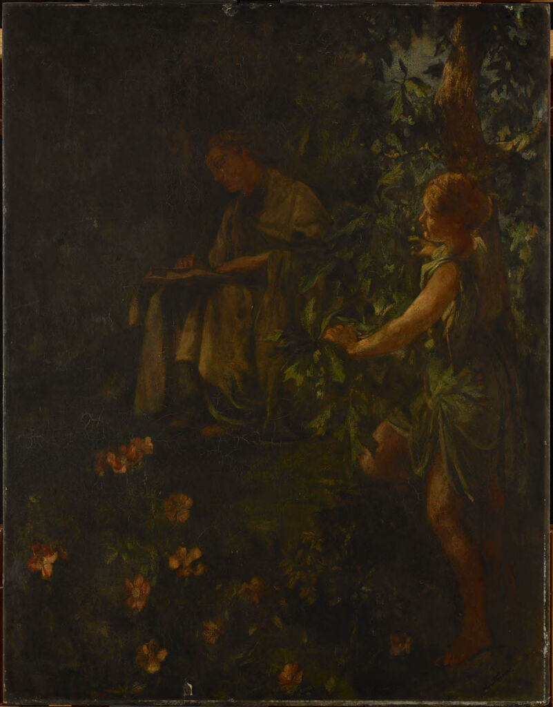 Virgil by John La Farge, linen artwork depicting a figure in soft light with rich blue and green tones.
