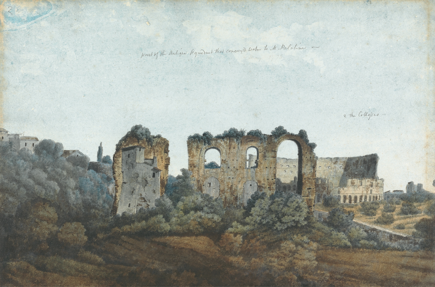 The Claudian Aqueduct and Colosseum, by Thomas Jones, public domain