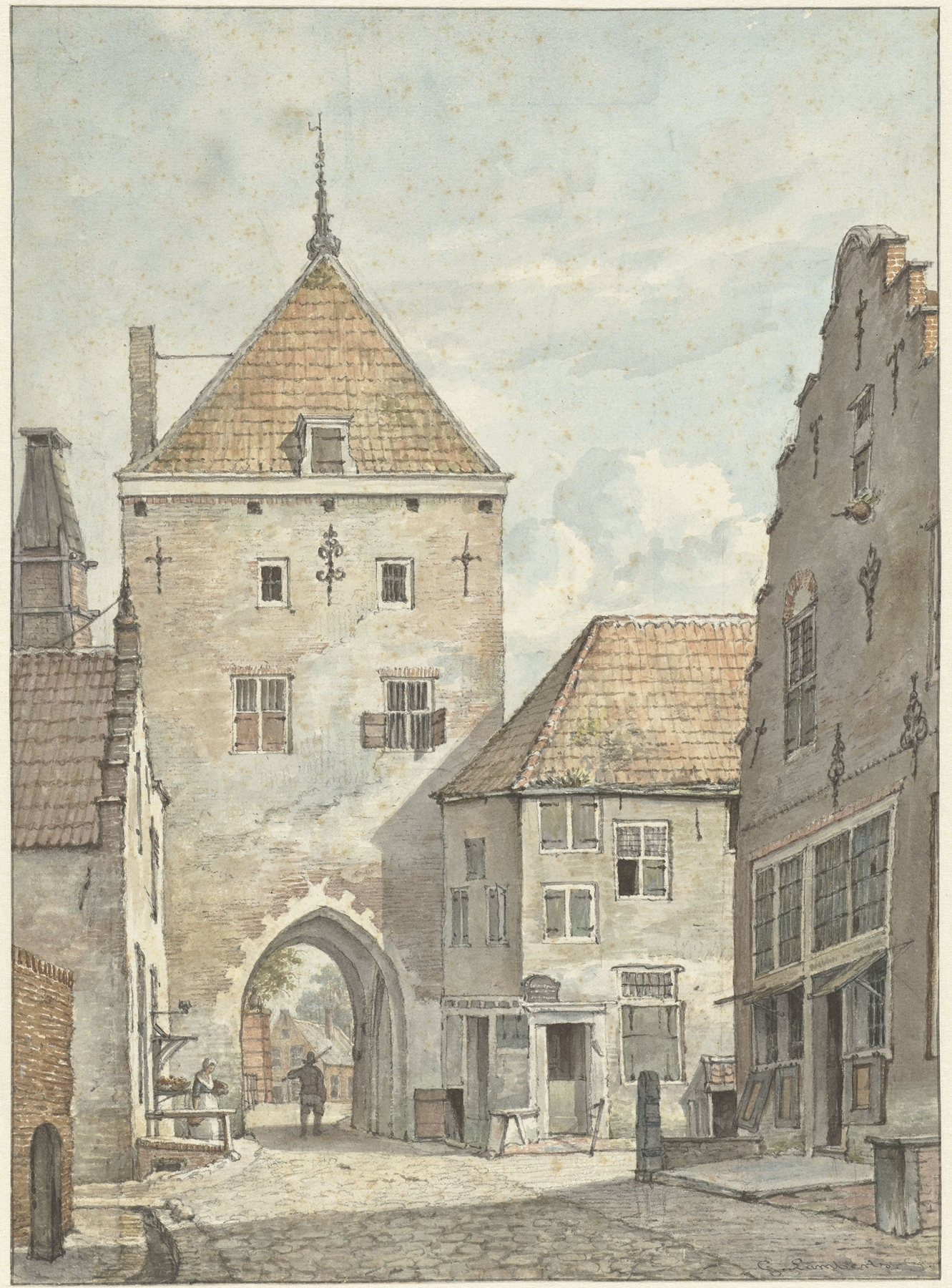 De Landpoort te Vianen by Gerrit Lamberts, oil painting depicting an archway and cobblestones.
