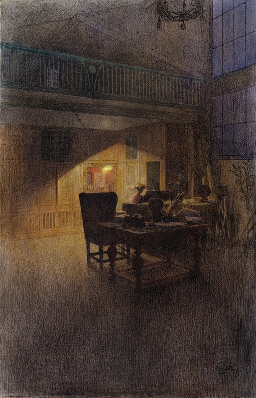 A family scene with a woman playing piano while children look on, painted by Carl Larsson.