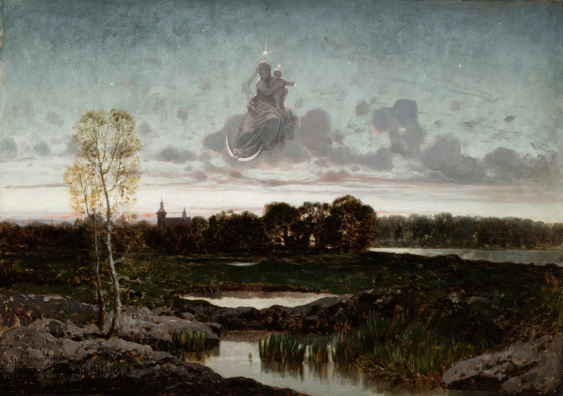 Romanticism oil painting by Józef Szermentowski depicting a figure at dawn in a landscape.