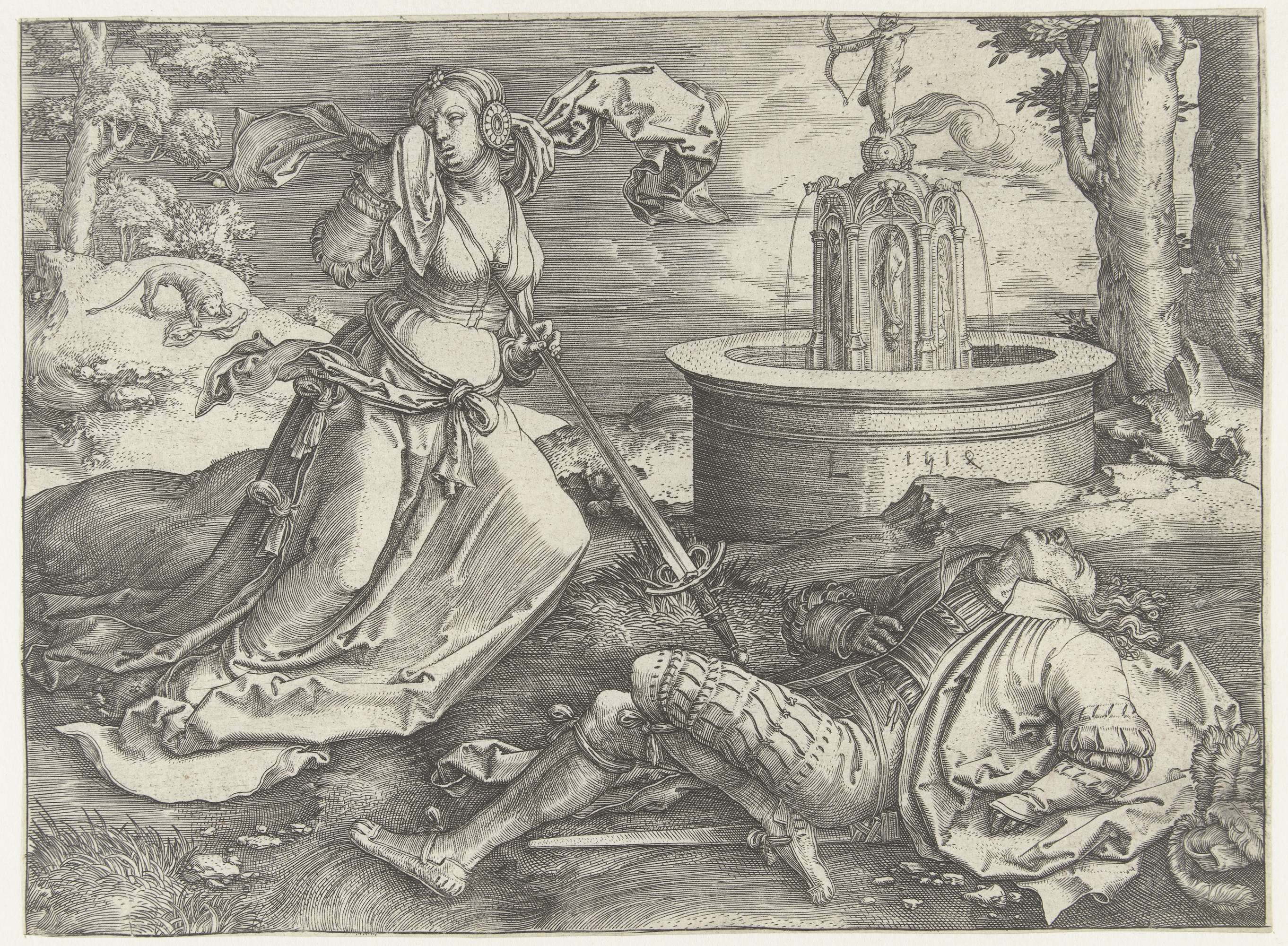 Engraving by Lucas van Leyden depicting Pyramus and Thisbe in a moment of love and tragedy